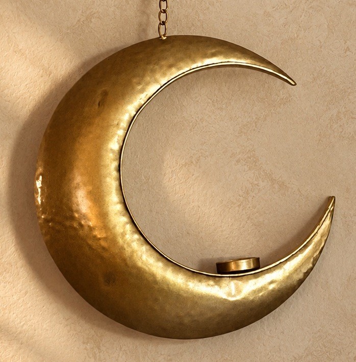 Crescent Moon Candle Holder Ceiling Hanging Gold Metal Celestial Boho Decor 25”