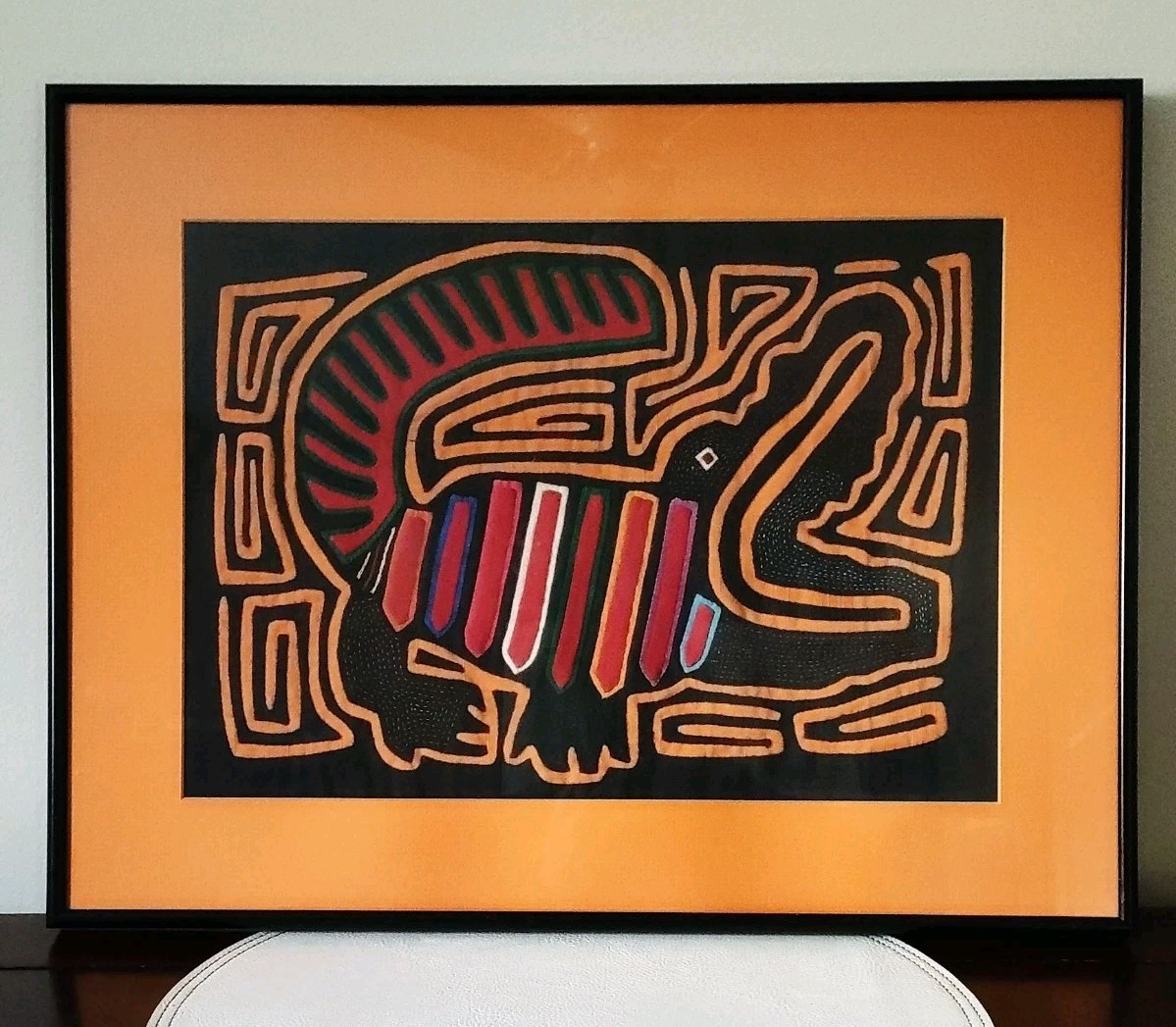 Vintage Kuna Mola Folk Art Textile Crocodile Handmade Framed 21.5\ Vintage Kuna Mola Folk Art Textile Crocodile Handmade Framed 21.5\