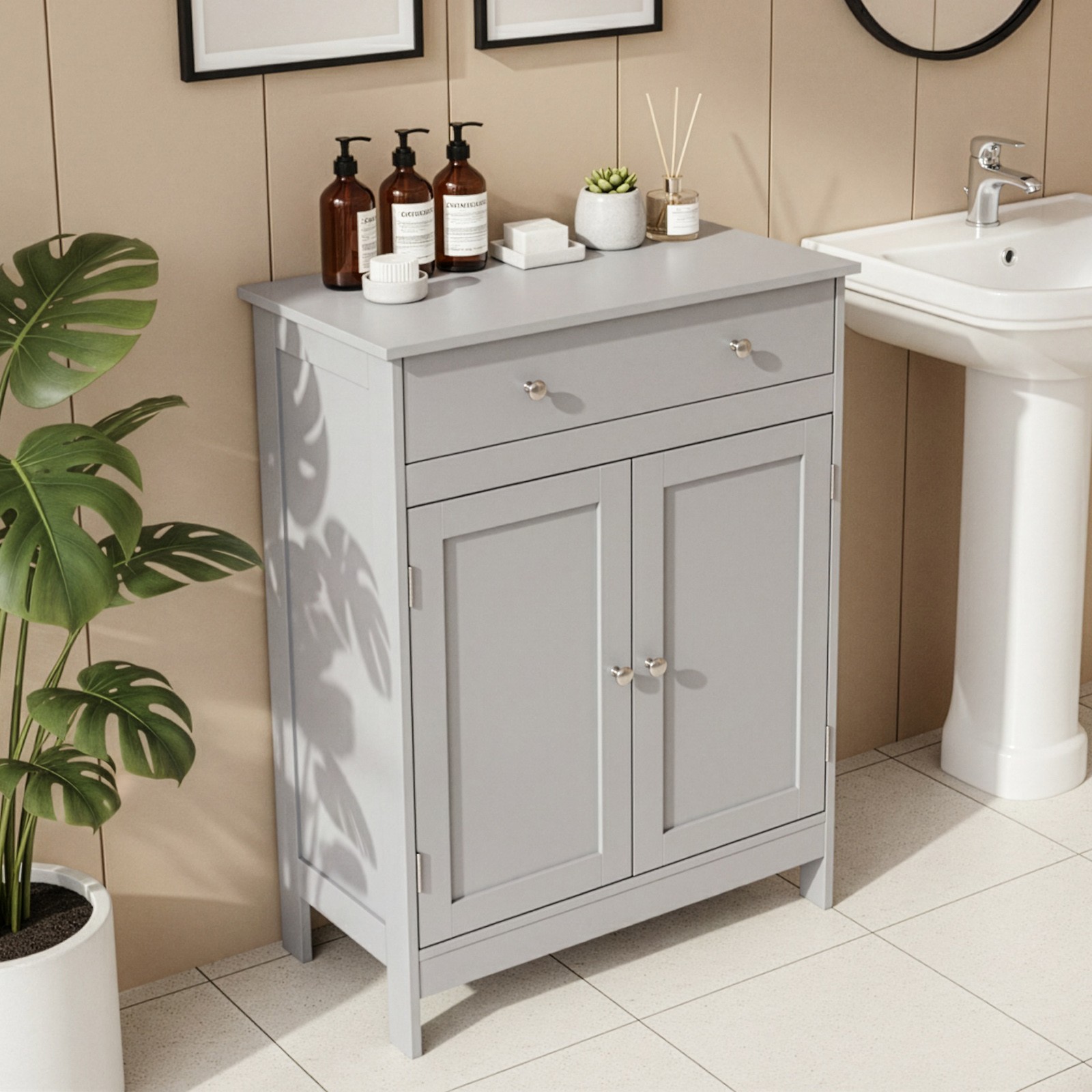 Free Standing Wooden Bathroom Floor Cabinet Storage Cupboard 2 Doors & Drawer