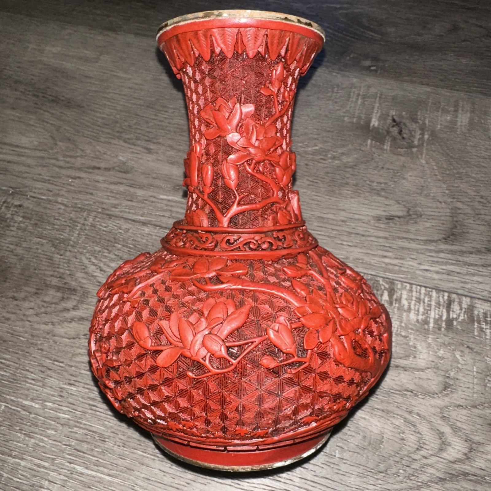 Vintage Chinese Cinnabar Red Vase Resin Over Brass Baluster Form W/Flared Neck Vintage Chinese Cinnabar Red Vase Resin Over Brass Baluster Form W/Flared Neck