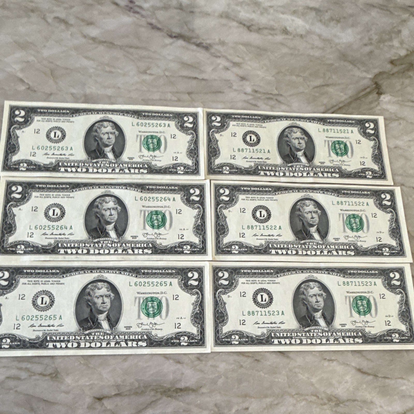 Series 2013 $2 Federal Reserve Notes Lot of 6 Consecutive Serial Numbers Series 2013 $2 Federal Reserve Notes Lot of 6 Consecutive Serial Numbers