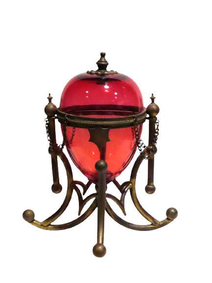 RARE Huge Cranberry Glass Grand Tour Mechanical Casket Dresser Box LIONSGATE