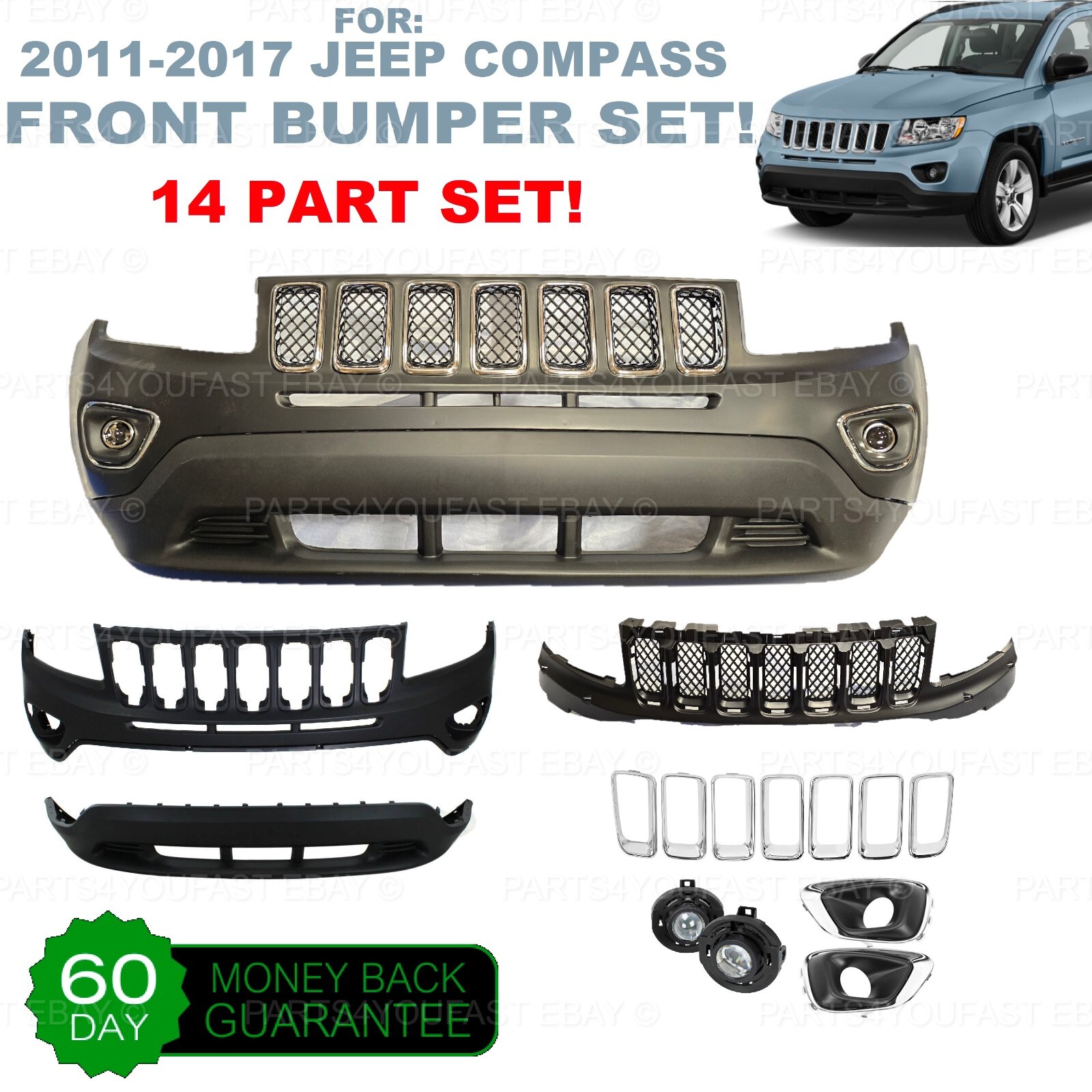 For 2011-2017 Jeep Compass Front Bumper cover SET GRILL LOWER BUMPER FOG LIGHTS For 2011-2017 Jeep Compass Front Bumper cover SET GRILL LOWER BUMPER FOG LIGHTS