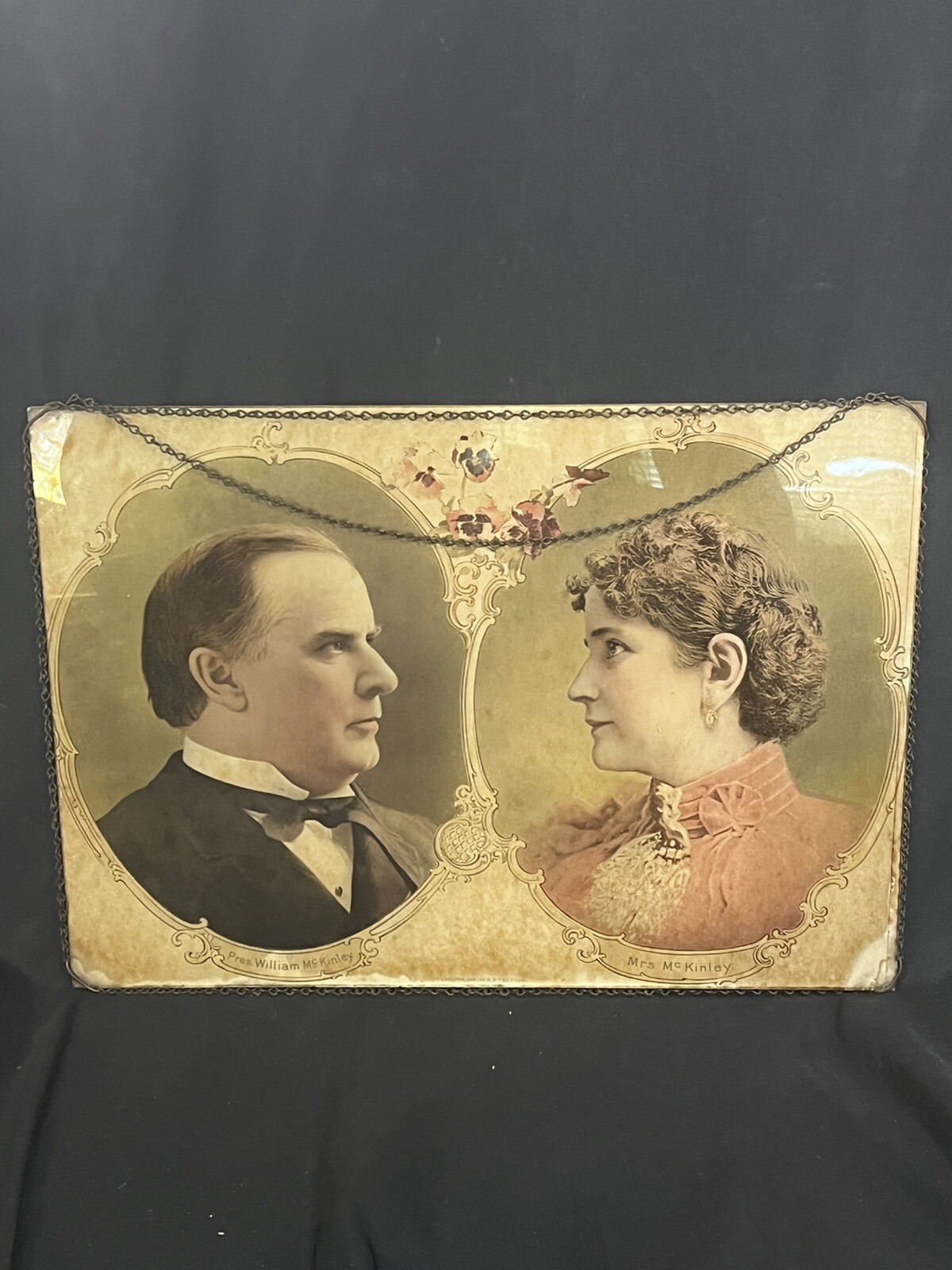 1896 President McKinley & Wife Reverse Print on Glass GH Buek & Co. Chain Frame