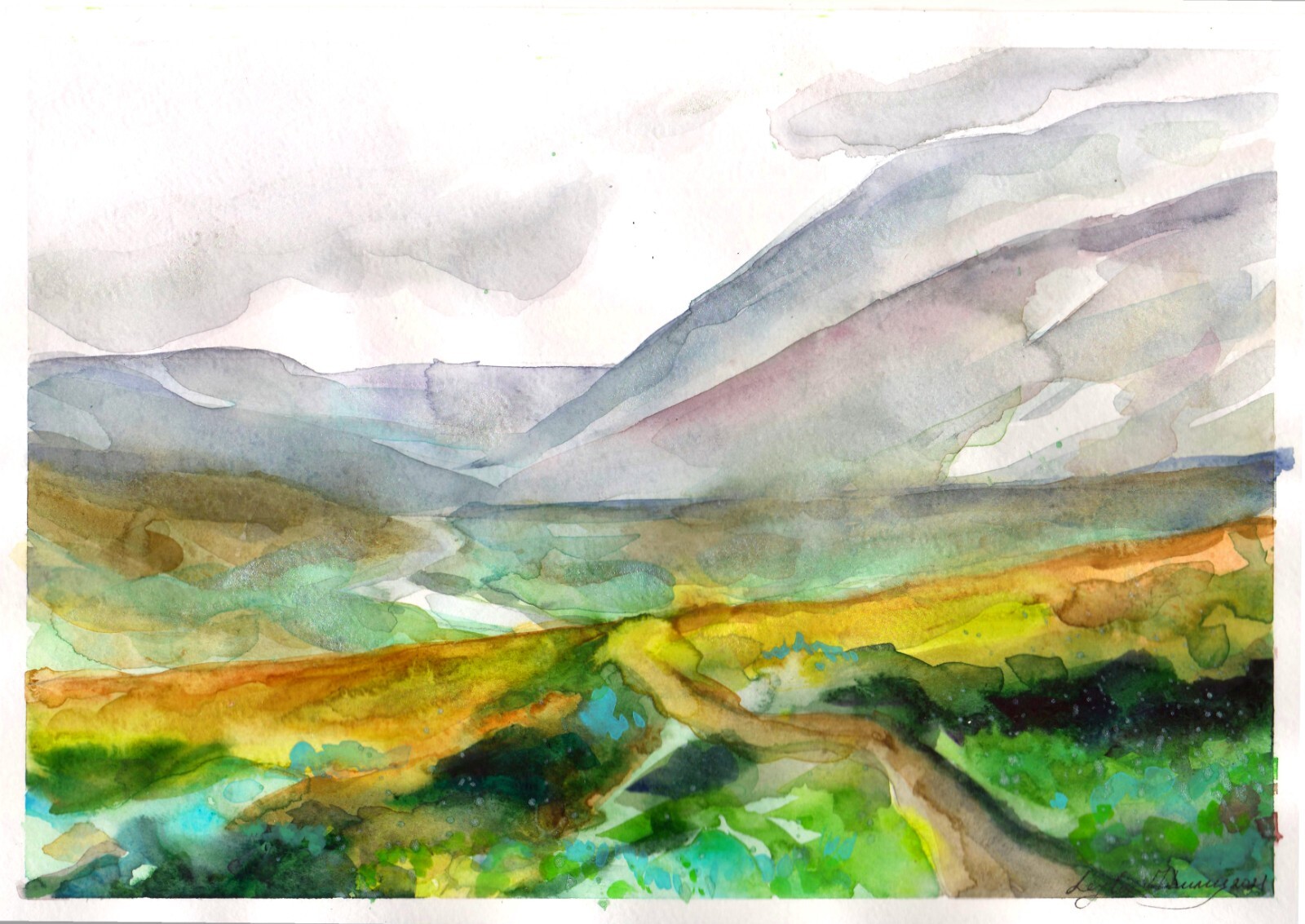 Original Watercolor  Painting Mountains Wall Art Green Valley Painting
