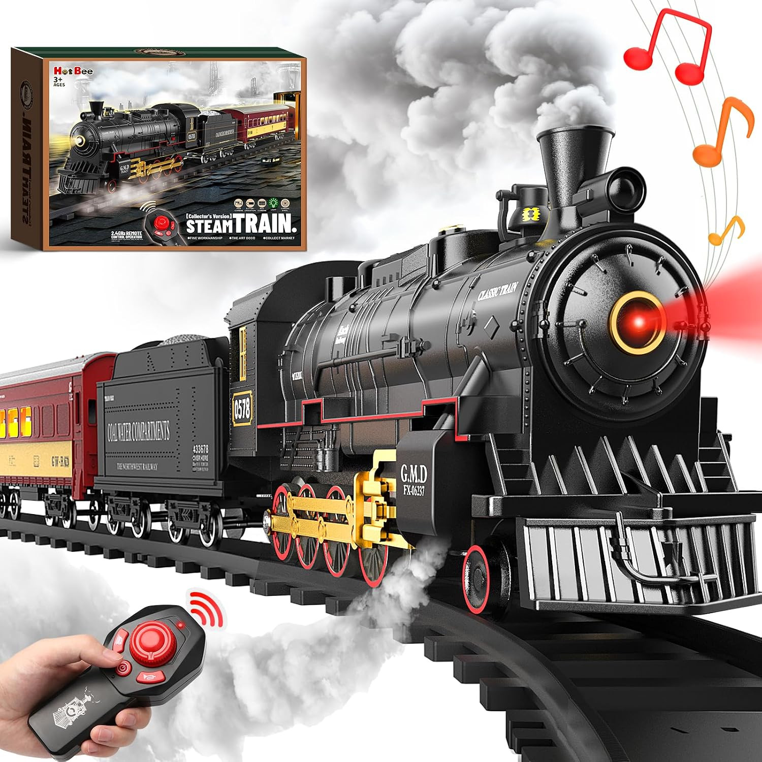 RC Train Set for Kids, Steam Locomotive, Light-Up Cars and Tracks