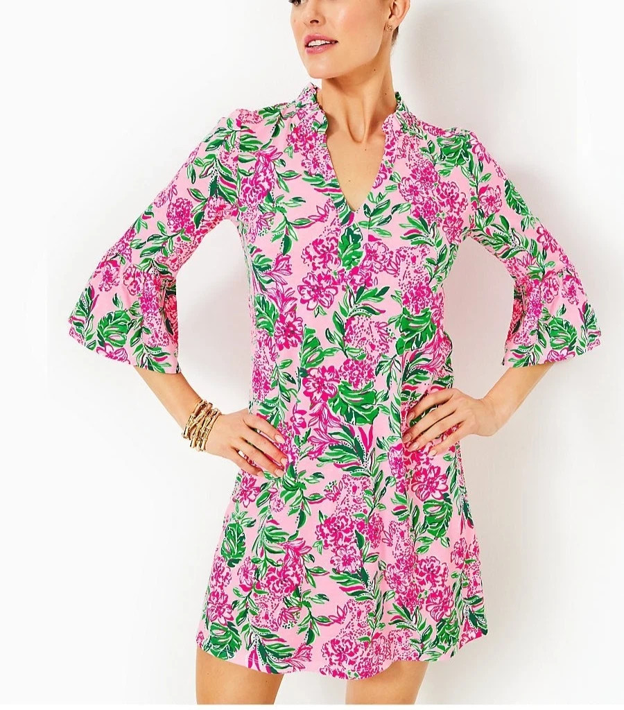 Lilly Pulitzer Hayes Conch Shell Ruffle Mini Dress Floral Print Cotton XL 288173