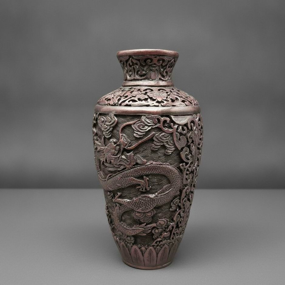 Vintage Chinese Dragon Relief Metal Vase Four Character Mark 9.5\