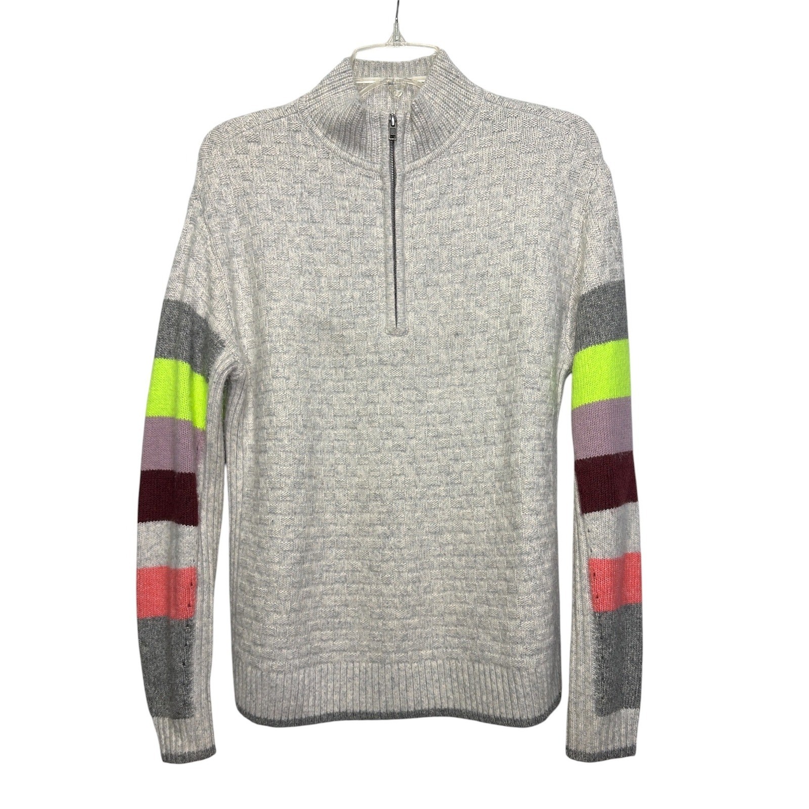 Cabi Downhill XSQuarter Zip Sweater Grey Textured Knit Multi Color Stripe