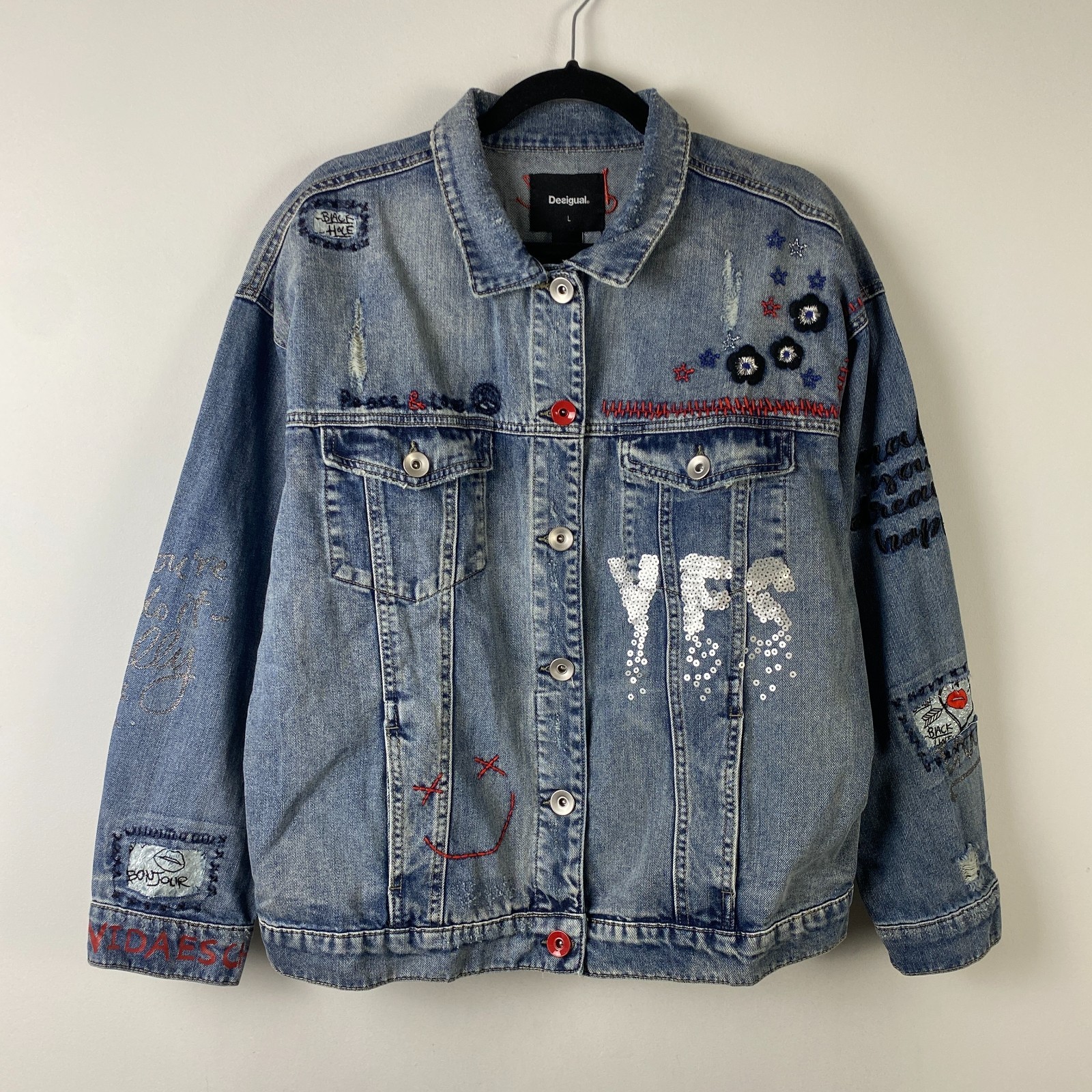 Desigual Chaq Yes Embroidered Jean Jacket Blue Womens Large 100% cotton