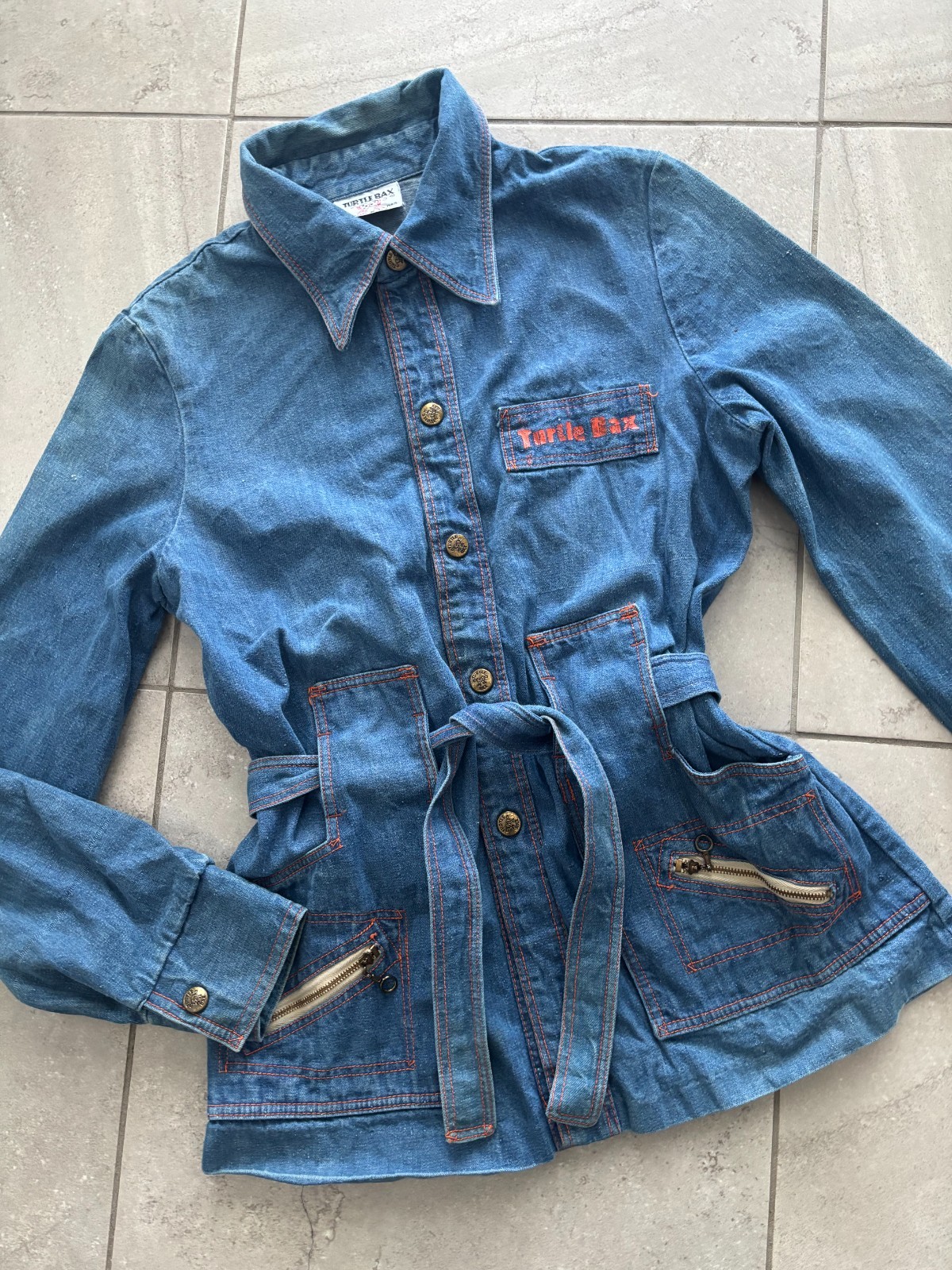 Vintage 70s Turtle Bax Denim Belt Jacket Shirt Contrast Stitch Mod Disco Boho S