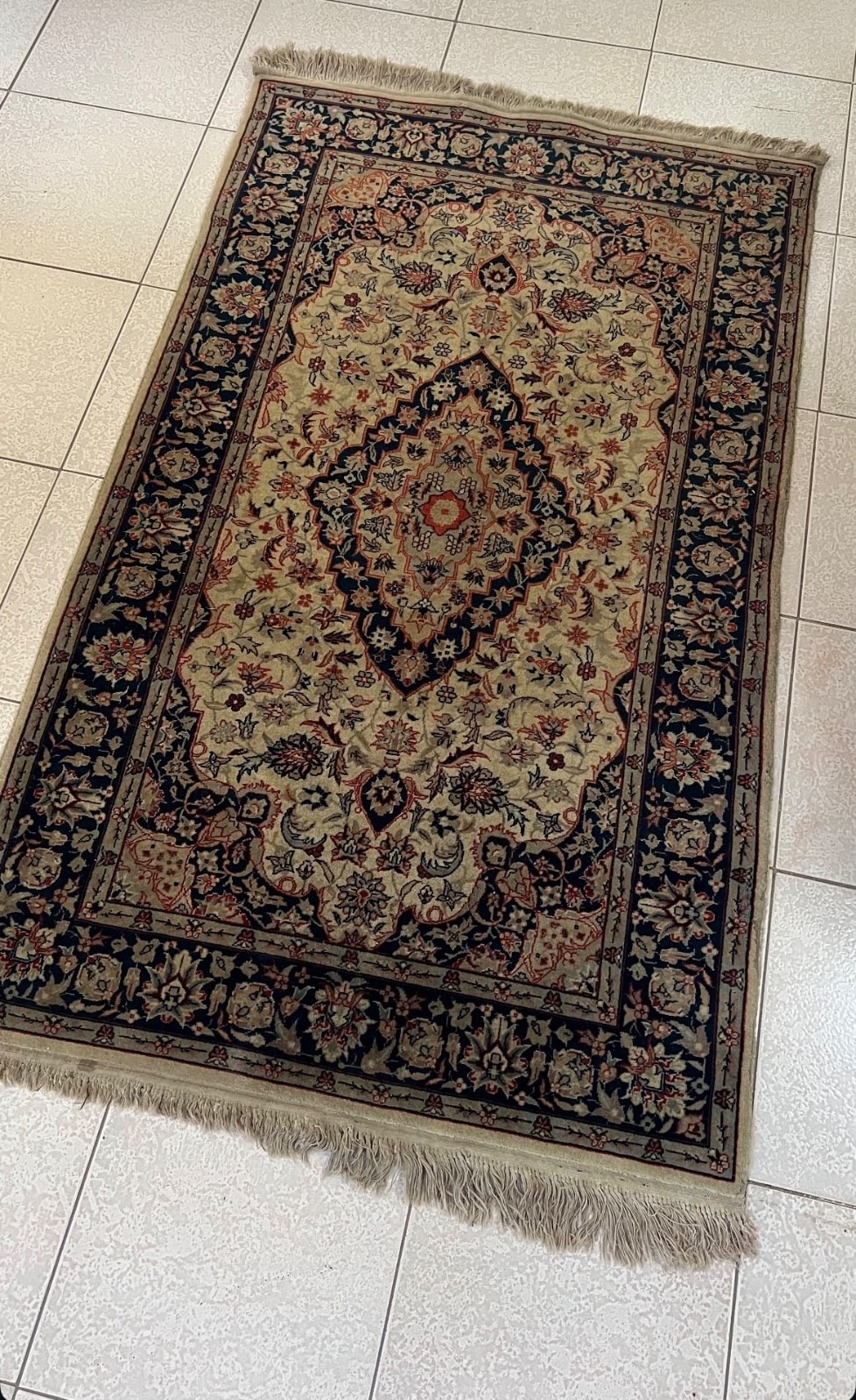 Vintage Hand Knotted Oriental Rug 3x5 Wool Medallion Cream Navy Blue 90x1