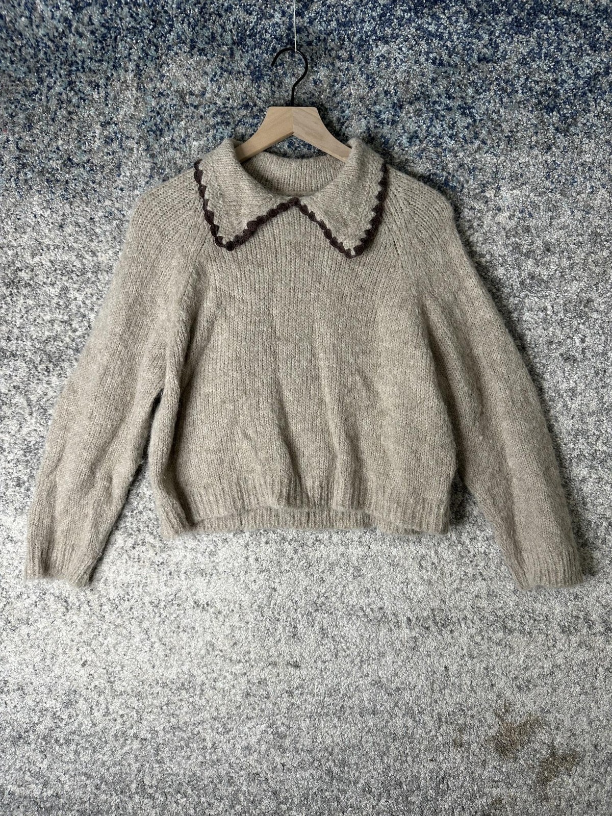 The Great Sweater Womens 1 Beige Alpaca Chunky Knit Scallop Collar Pullover