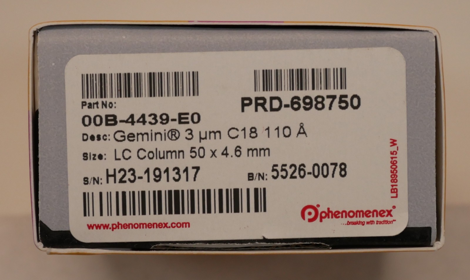 Phenomenex Gemini  3um C18 110 A, 4.6x50mm HPLC Column -New/Open Box