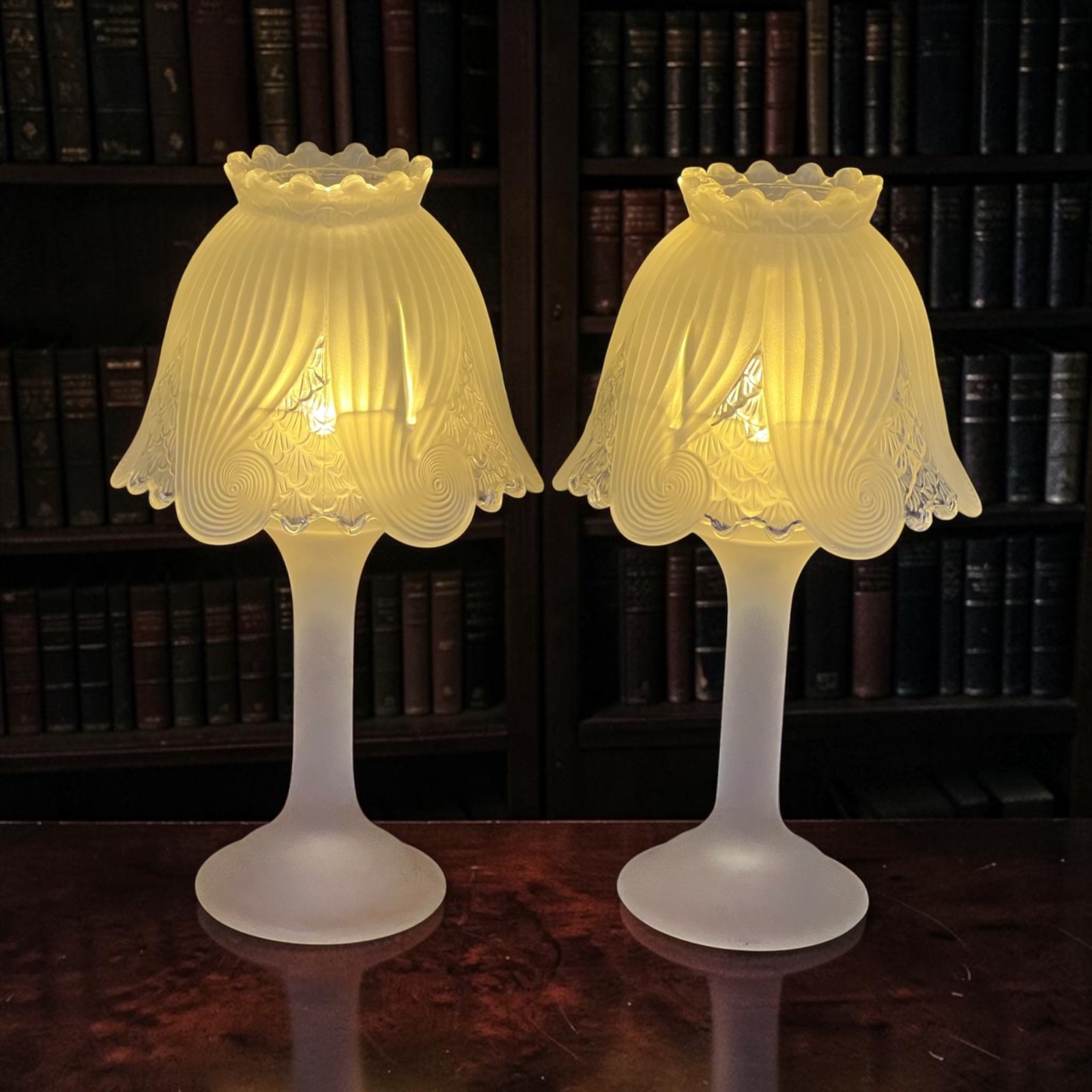 Partylite Clairmont Vintage Pair of Large Frosted Glass Fairy Lamp Candle Lights Partylite Clairmont Vintage Pair of Large Frosted Glass Fairy Lamp Candle Lights