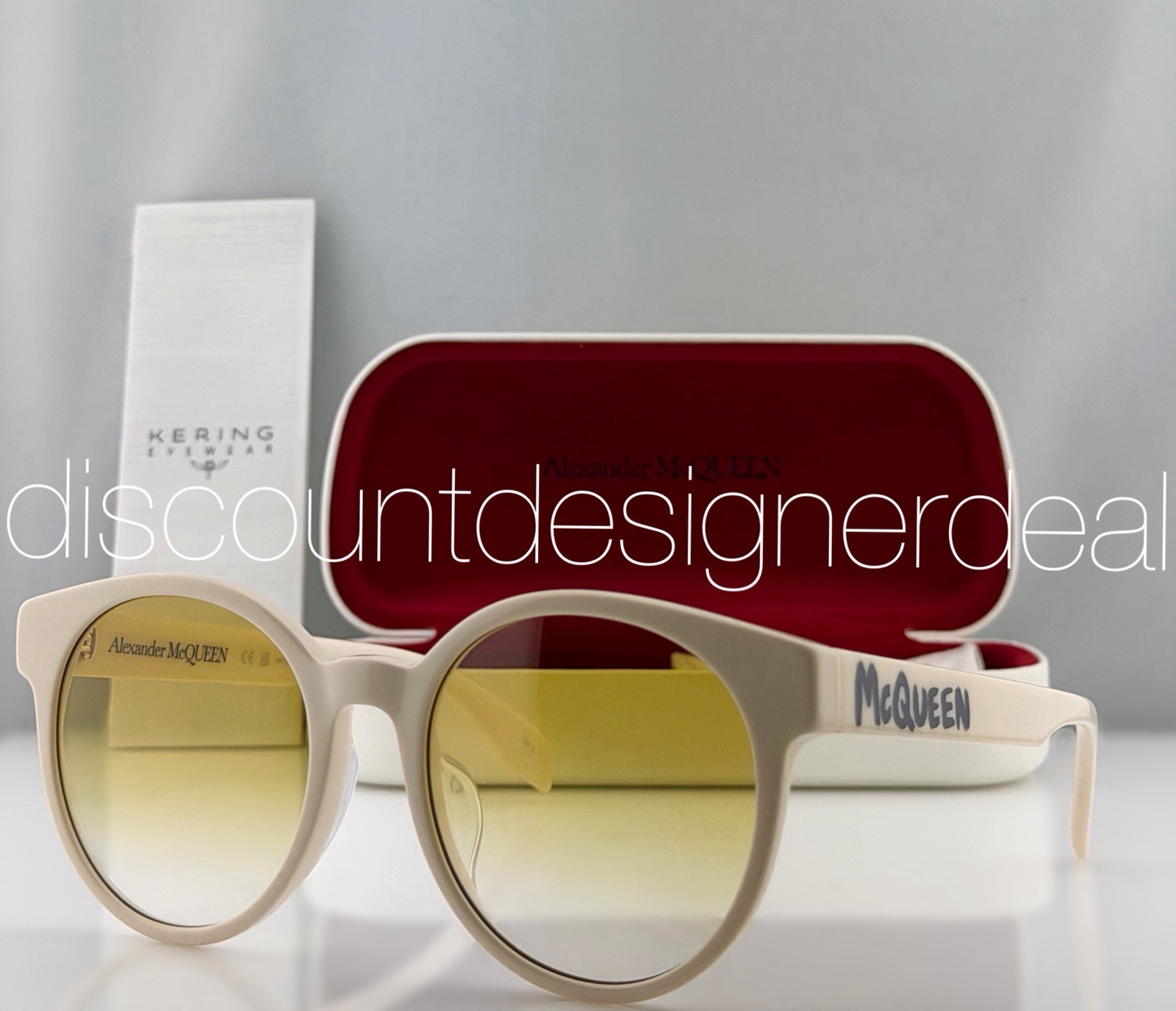 Alexander McQueen Round Sunglasses AM0349SA 004 Cream Yellow Gradient Lens 55mm