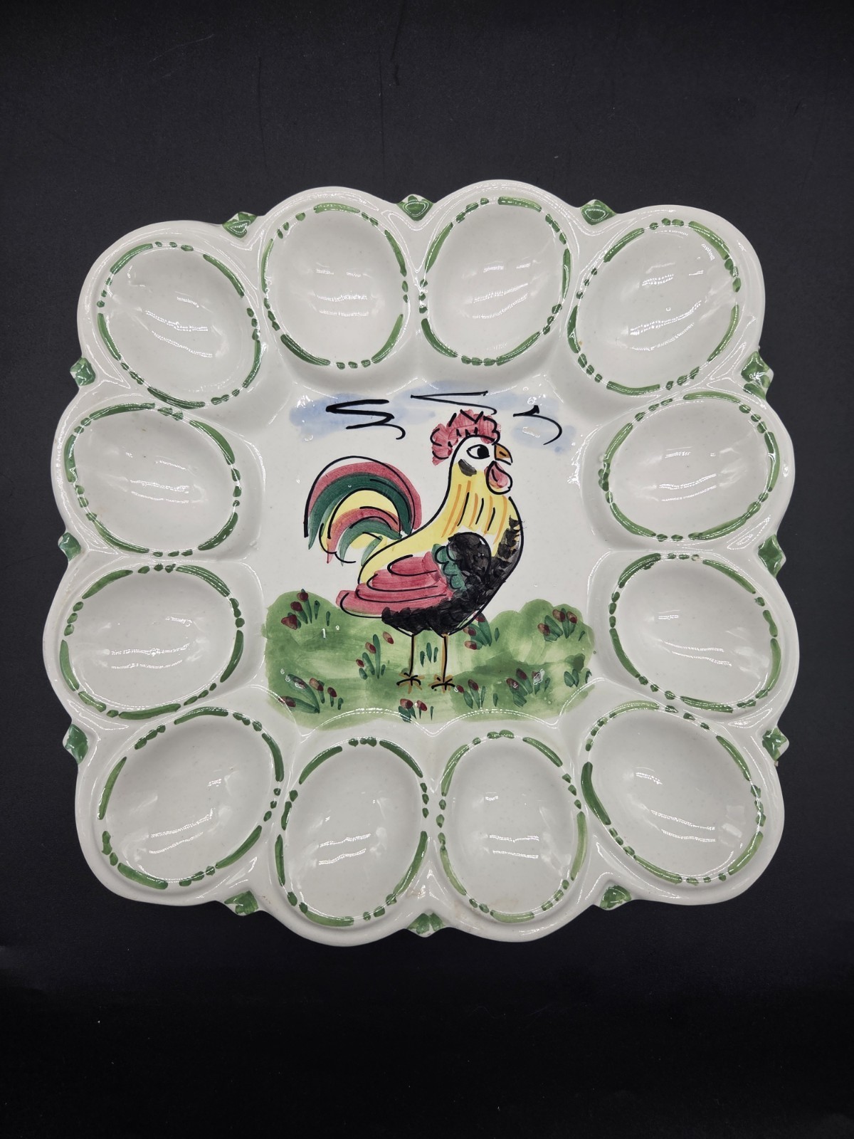 Vintage Italian Hand Painted Rooster Ceramic Deviled Egg Plate Platter Italy Vintage Italian Hand Painted Rooster Ceramic Deviled Egg Plate Platter Italy
