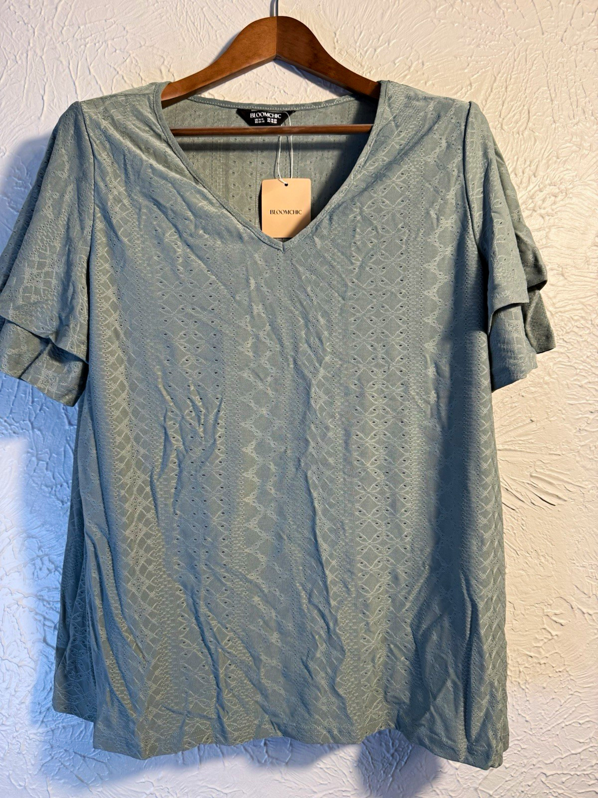 NWT BLOOMCHIC Women’s US 14-16 Green Eyelet Knit V-Neck Flutter Sleeve Top NWT BLOOMCHIC Women’s US 14-16 Green Eyelet Knit V-Neck Flutter Sleeve Top