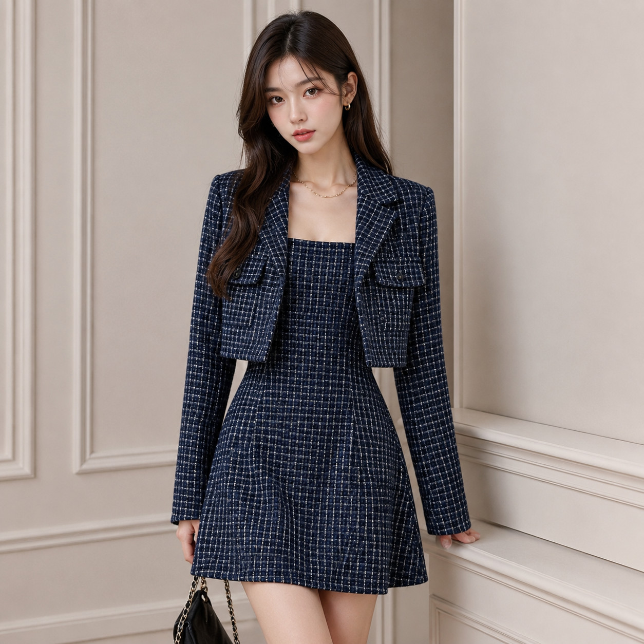 Cider Women\'s Mini Dress w/ Tweed Cropped Blazer Blue Plaid Polyester S