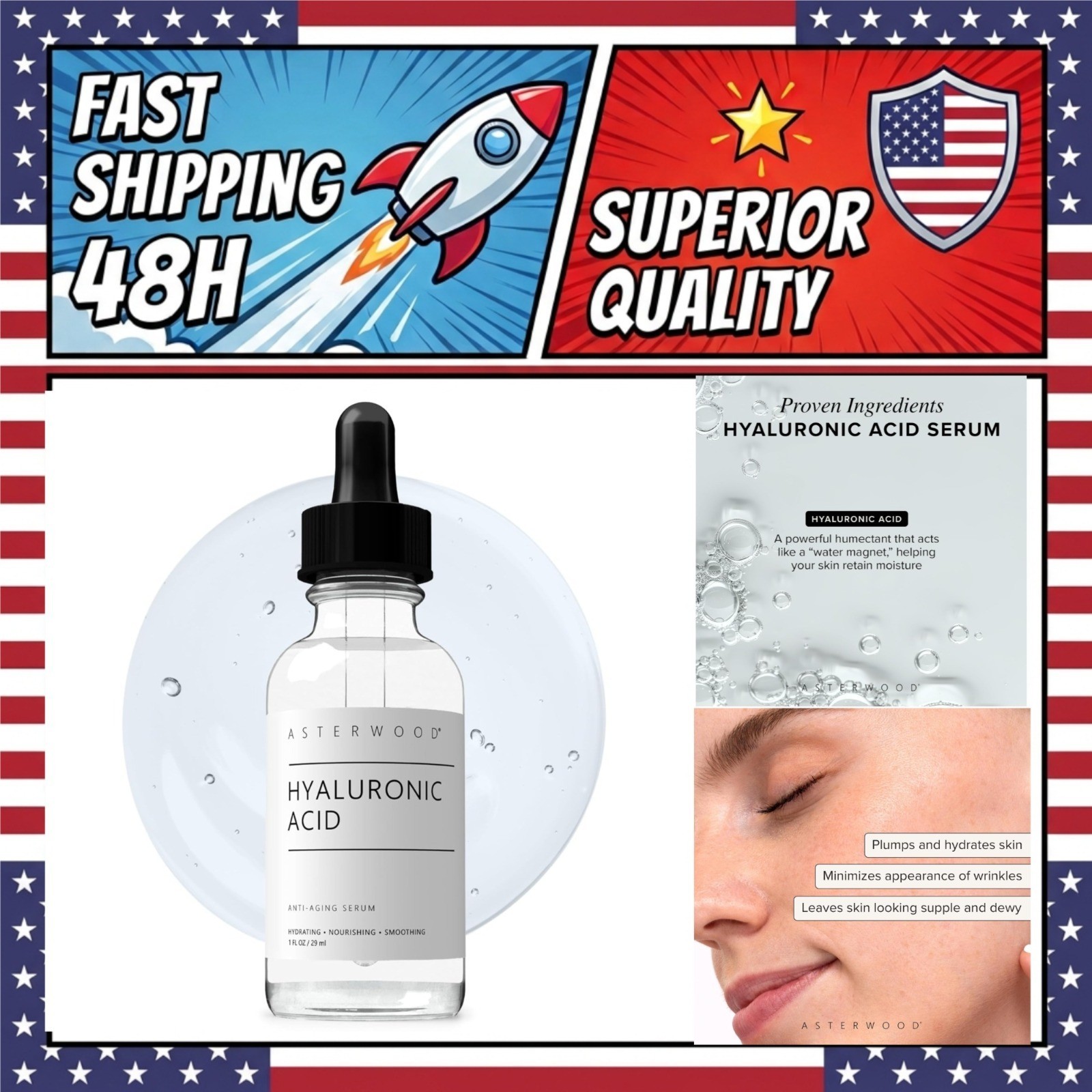 Asterwood Pure Hyaluronic Acid Serum for Face, Anti-Aging Hydrating Serum 1 fl Asterwood Pure Hyaluronic Acid Serum for Face, Anti-Aging Hydrating Serum 1 fl
