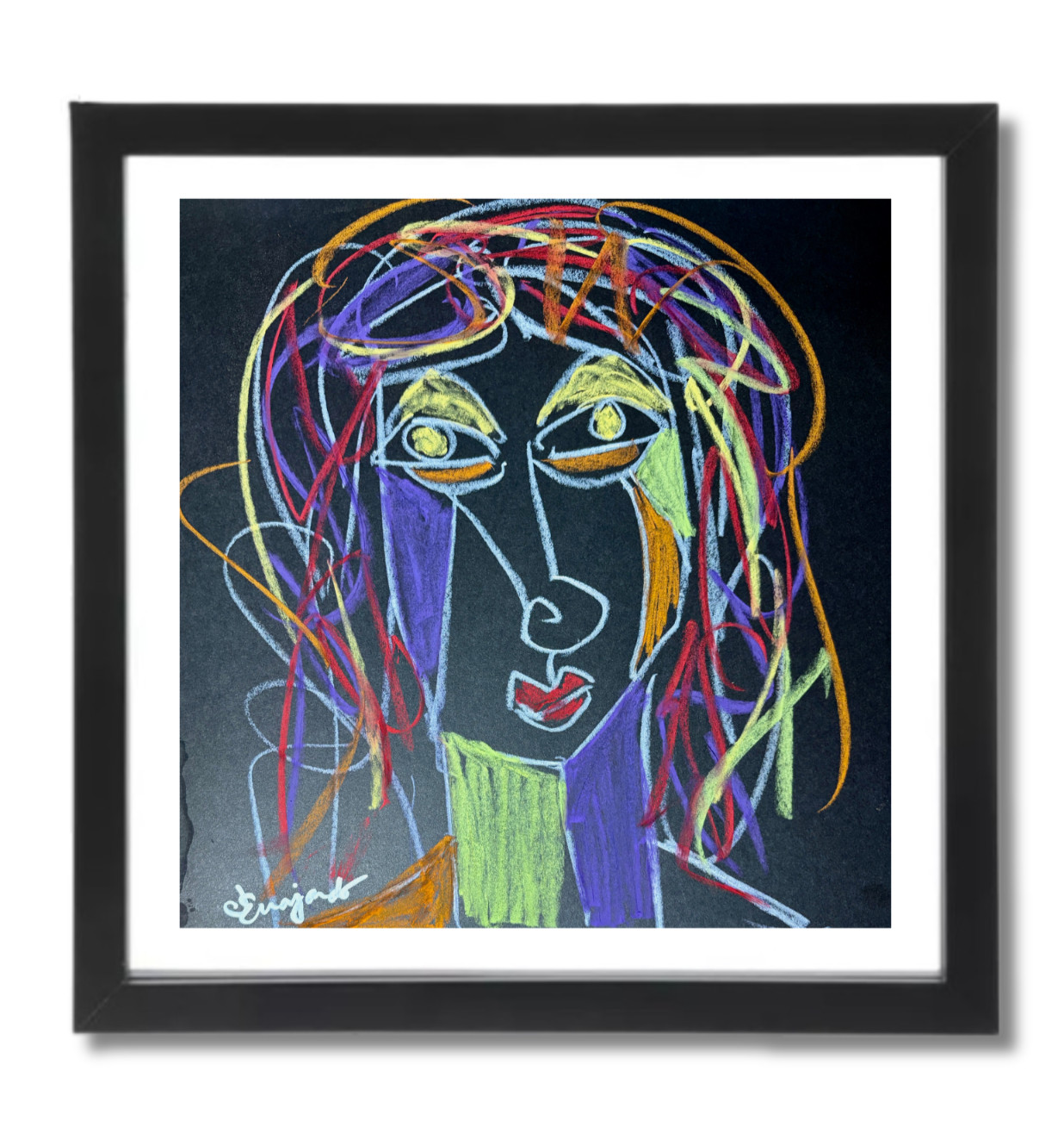 Guajardo Art Original Chalk Pastel 12x12 Cubism Girl Signed Paper Home Decor