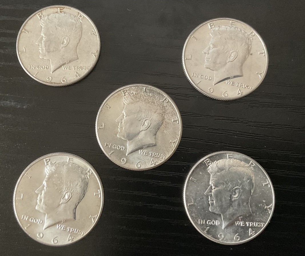 LOT OF 5 1964 Kennedy Half Dollar - 90% Silver - Free Fast Ship