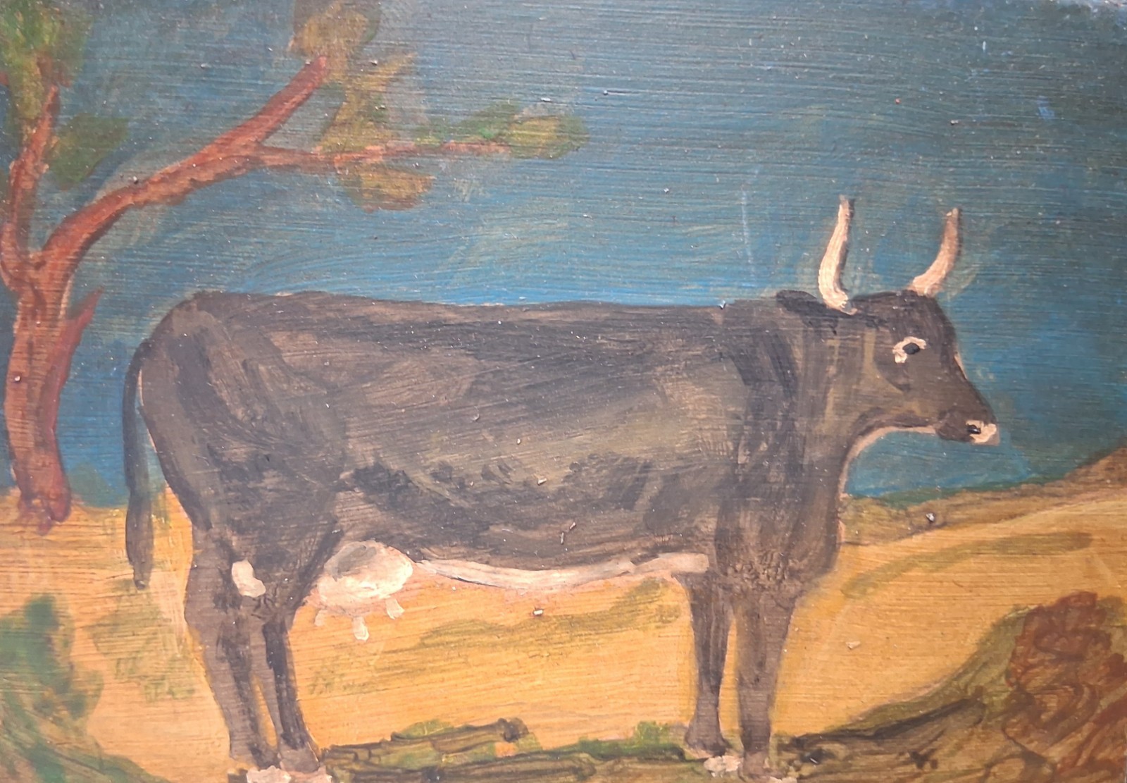 antique style original painting of a cow, English School, naive folk art