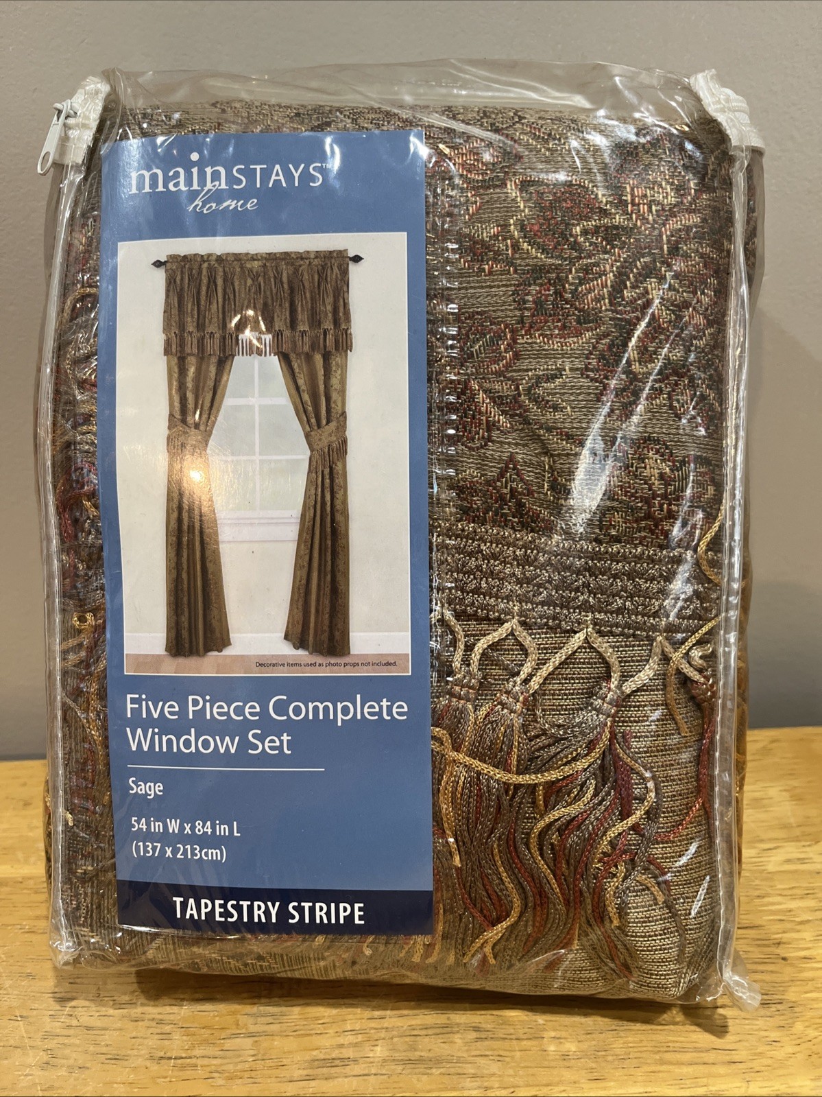 Mainstays Home Tapestry Stripe Five Piece Window Set Tan Red Sage 54x84\ Mainstays Home Tapestry Stripe Five Piece Window Set Tan Red Sage 54x84\