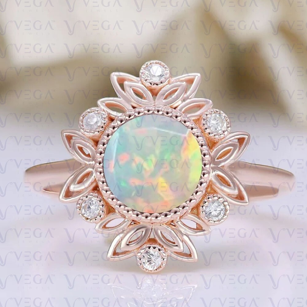 3.53ct Round Multicolor Natural Opal Gemstones Diamond Ring Real 14K Rose Gold