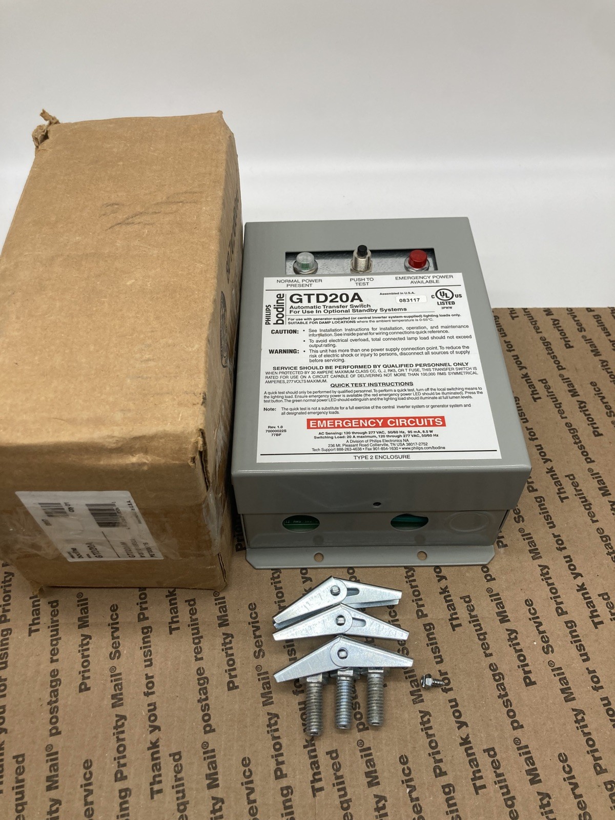 BODINE GTD20A 120/277V 50/60HZ 9W 20A TYPE 2 EMERGENCY LIGHTING TRANSFER SWITCH BODINE GTD20A 120/277V 50/60HZ 9W 20A TYPE 2 EMERGENCY LIGHTING TRANSFER SWITCH