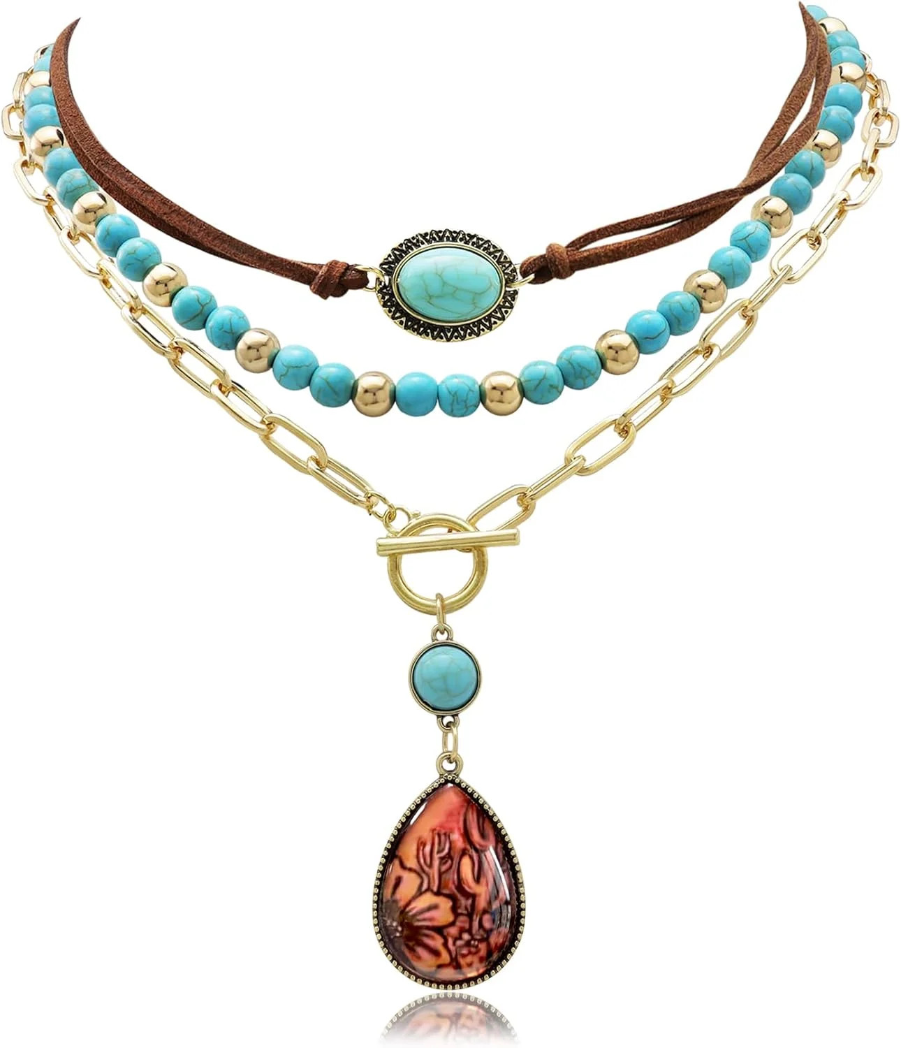 Fscwlmon 3 Pcs Layered Western Cowgirl Necklaces for Women Boho Turquoise Beaded Fscwlmon 3 Pcs Layered Western Cowgirl Necklaces for Women Boho Turquoise Beaded