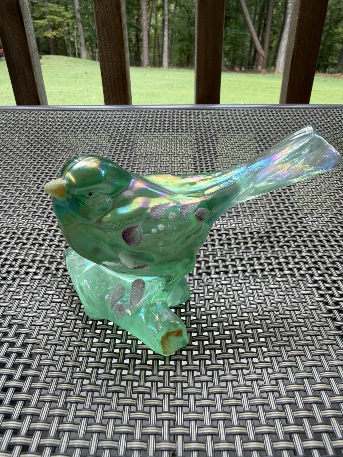 Fenton Glass Green Iridescent Bird Of Happiness On Branch Fenton Glass Green Iridescent Bird Of Happiness On Branch
