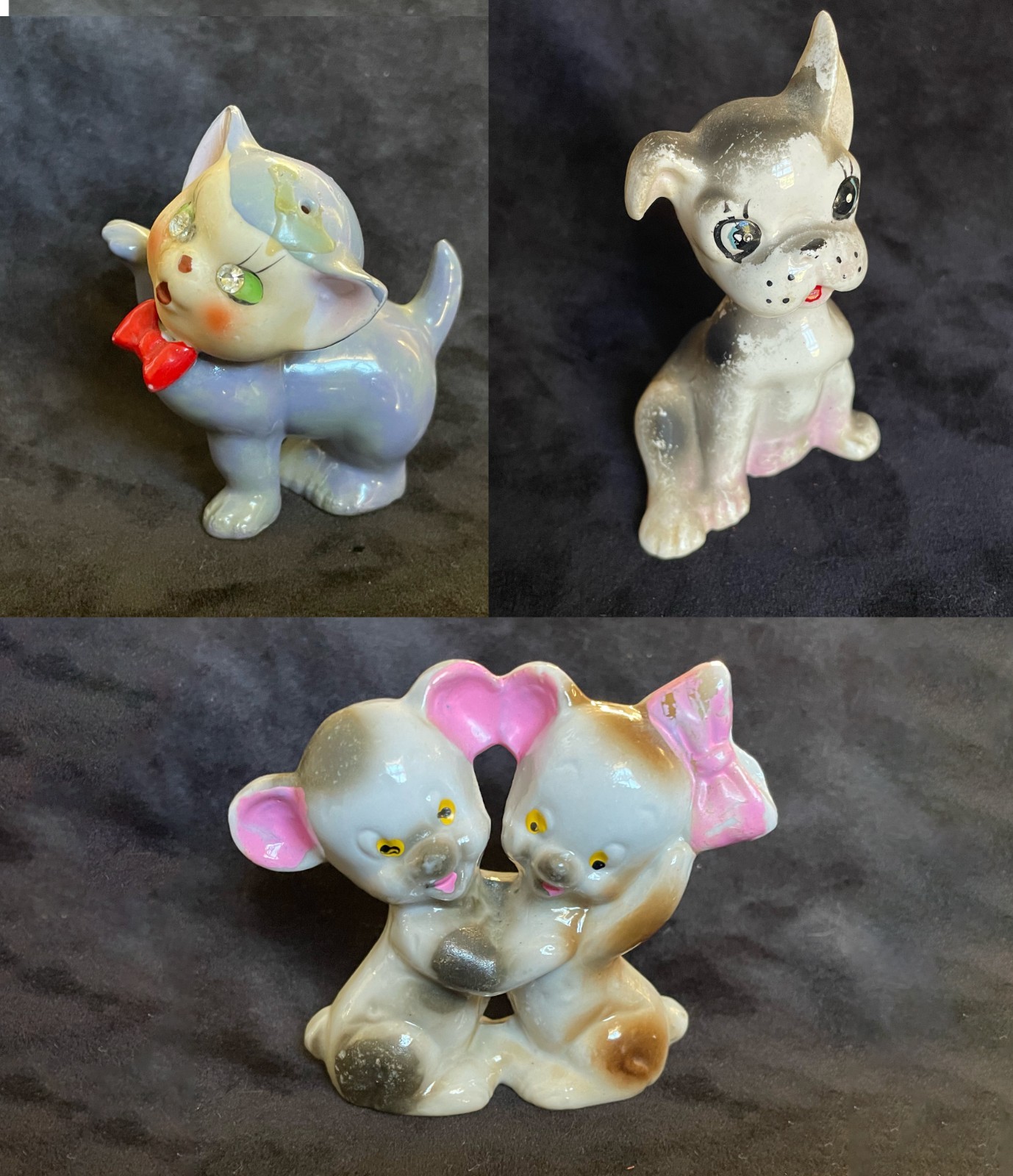 Lot - 4 vintage Japan figurines - damaged - craft lot - cat, dog, bears, spaniel