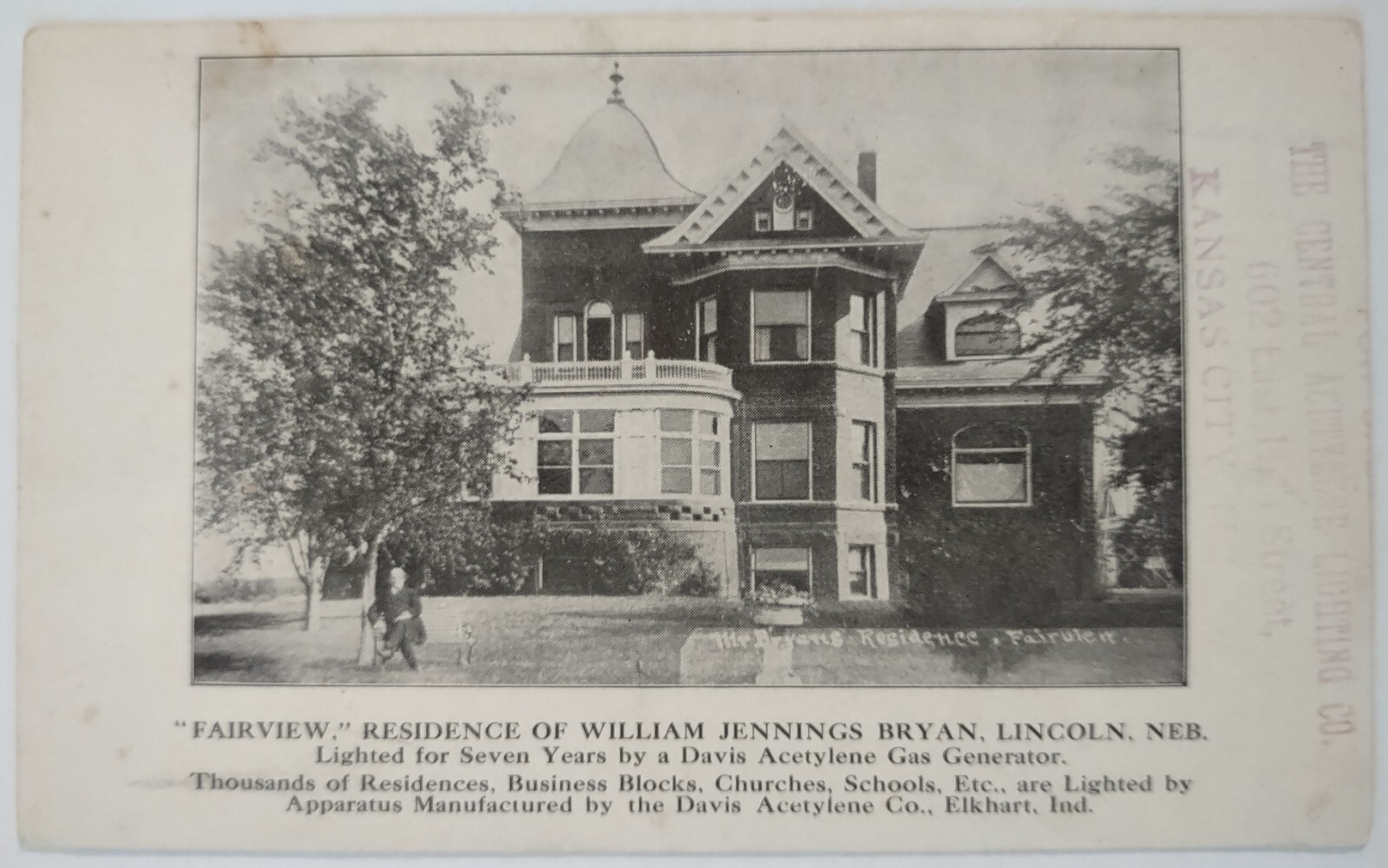 Vintage Postcard Fairview Residence William Jennings Bryan Lincoln NE Ad AA91