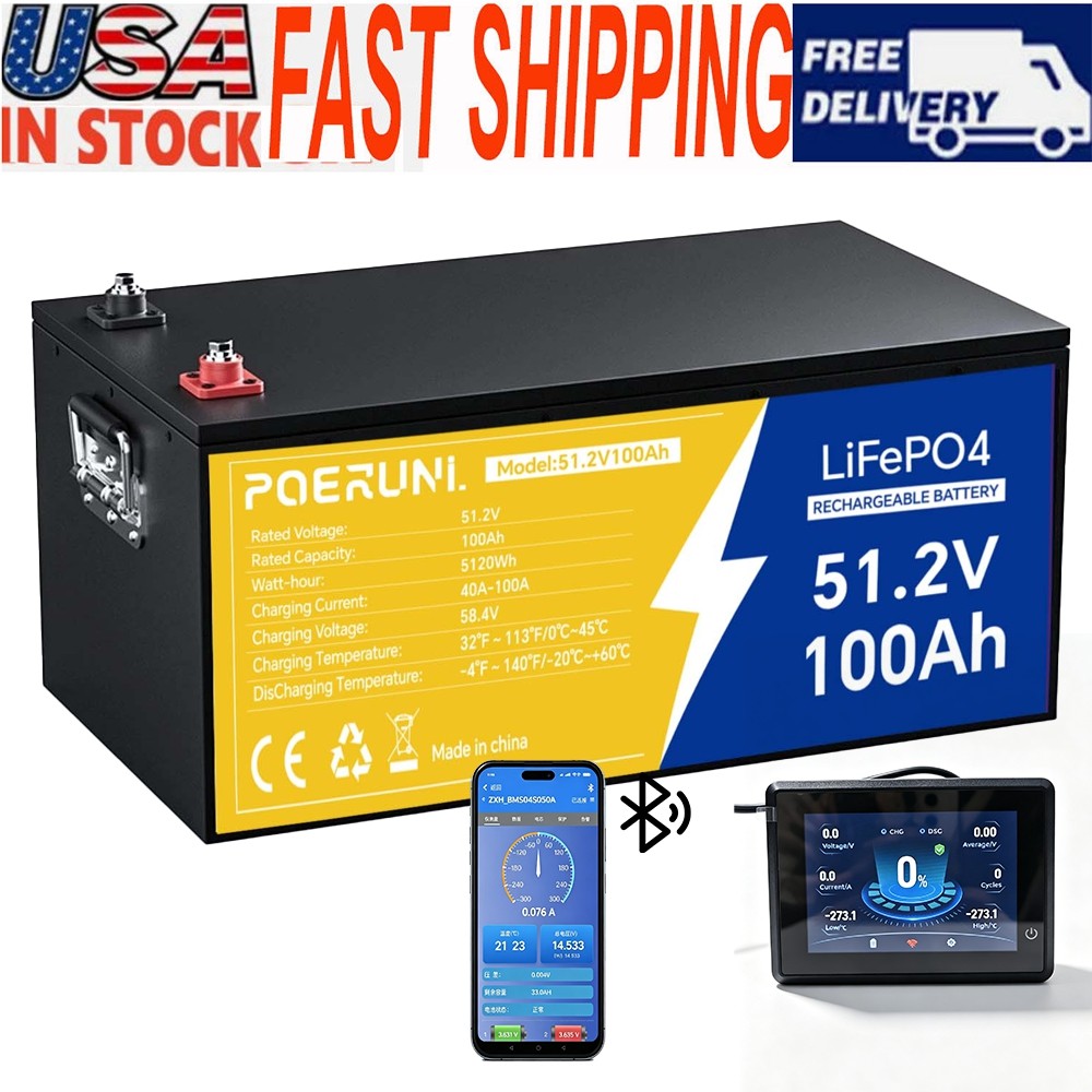 48V 100Ah LiFePO4 Battery with LED Display Bluetooth BMS Golf Cart RV Solar