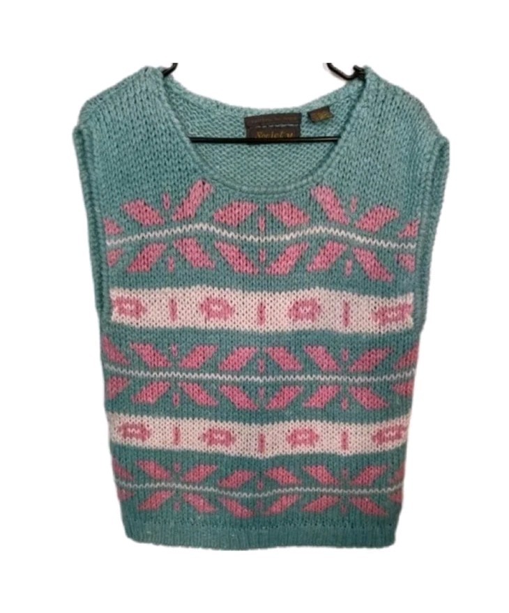 Vintge Handmade Society Cottagecore Fair Isle Aqua Pink Knit Sweater Vest L Vintge Handmade Society Cottagecore Fair Isle Aqua Pink Knit Sweater Vest L