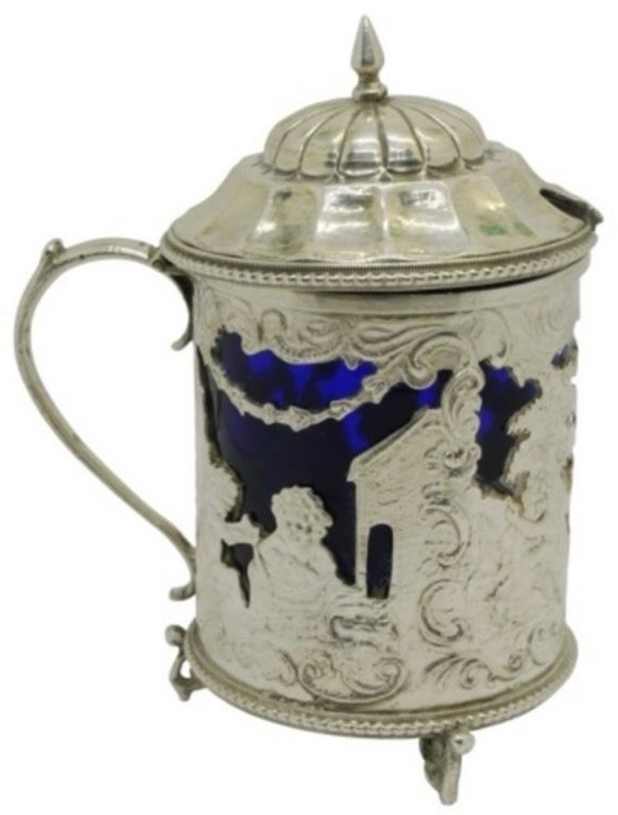 Antique Hanau Silver & Cobalt Mustard Pot Ornate Repousse Scenes Antique Hanau Silver & Cobalt Mustard Pot Ornate Repousse Scenes