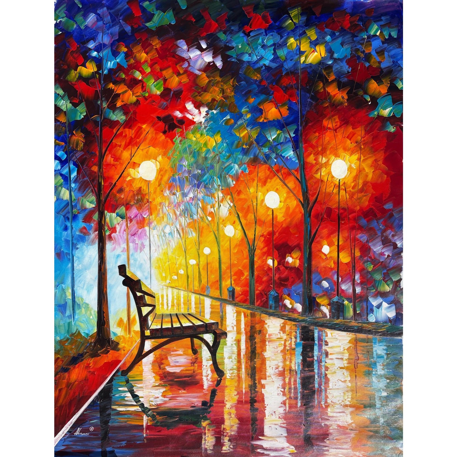 Afremov Style Cityscape Oil Painting, Palette Knife Art, Vibrant Park Scene
