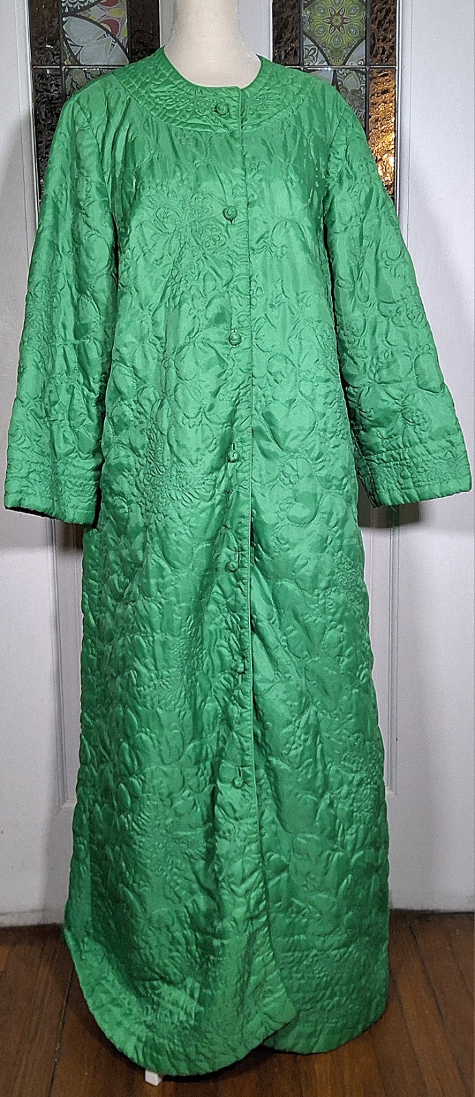 Vtg 1960s Beautiful Garfinckel\'s Emerald Green Quilted Robe Housecoat HONG KONG