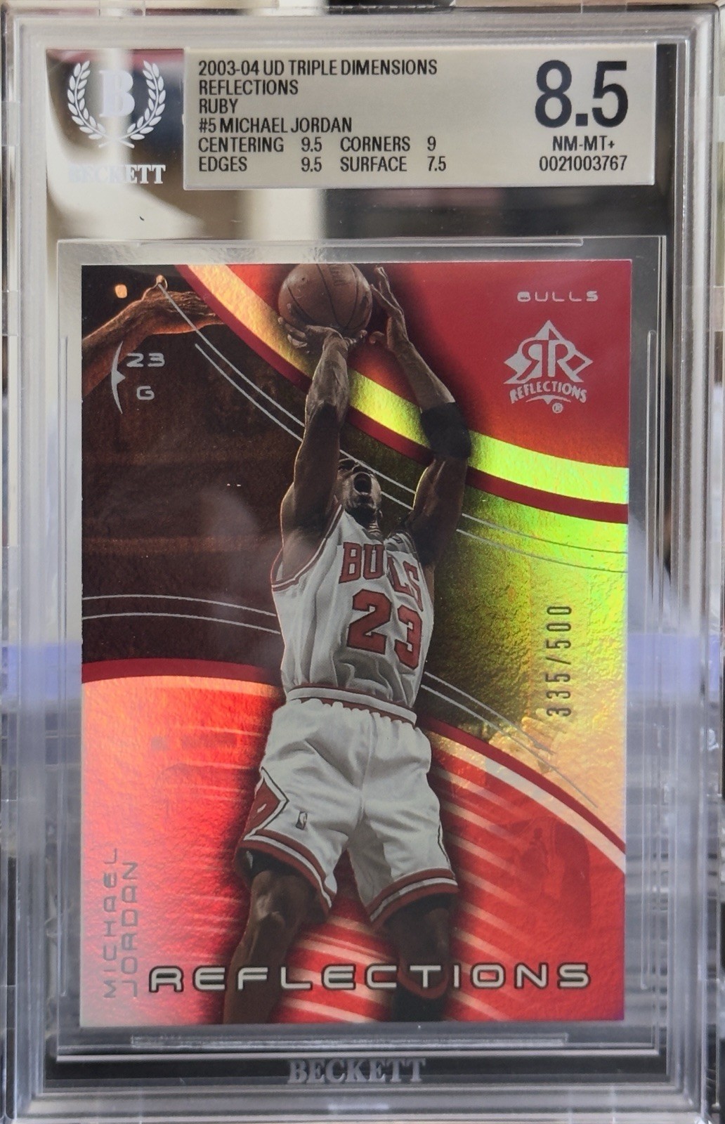 2003 Upper Deck Triple Dimensions Reflections Michael Jordan #5 Ruby BGS 8.5 2003 Upper Deck Triple Dimensions Reflections Michael Jordan #5 Ruby BGS 8.5