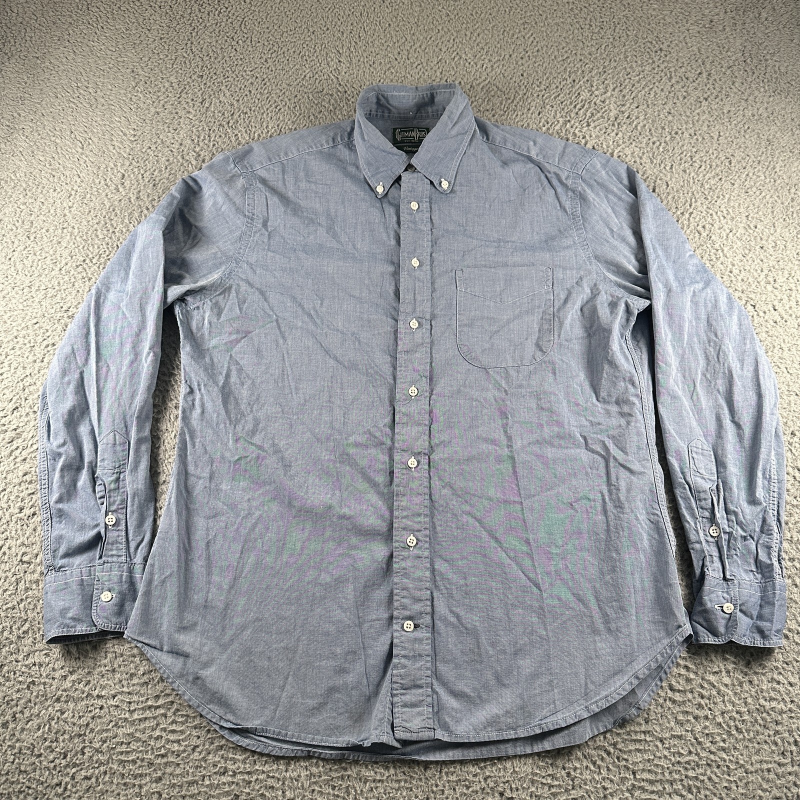 Gitman Bros Vintage Shirt Mens L Blue Chambray Cotton Button Down Made USA