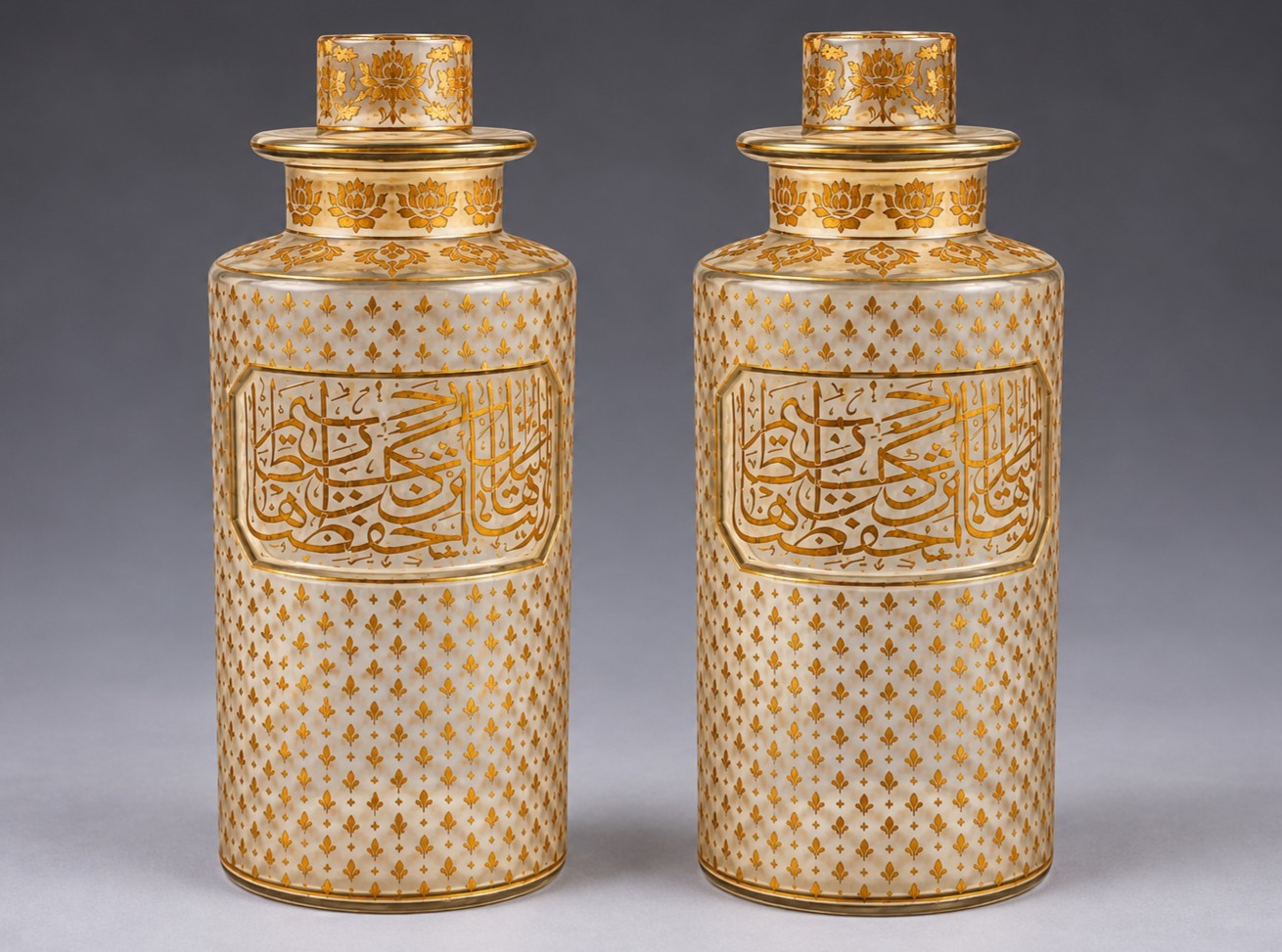 Handpainted Pair of Ottoman Islamic perfume bottles inscribed With  quran verse 