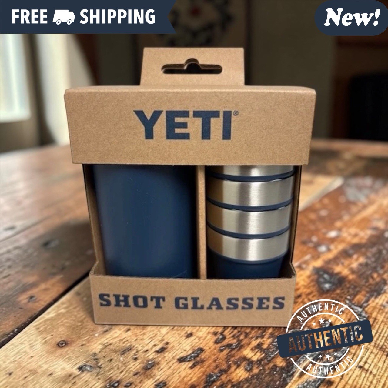 Classic Navy YETI® 4 Shot Glasses and Holder - Authentic - NEW Classic Navy YETI® 4 Shot Glasses and Holder - Authentic - NEW