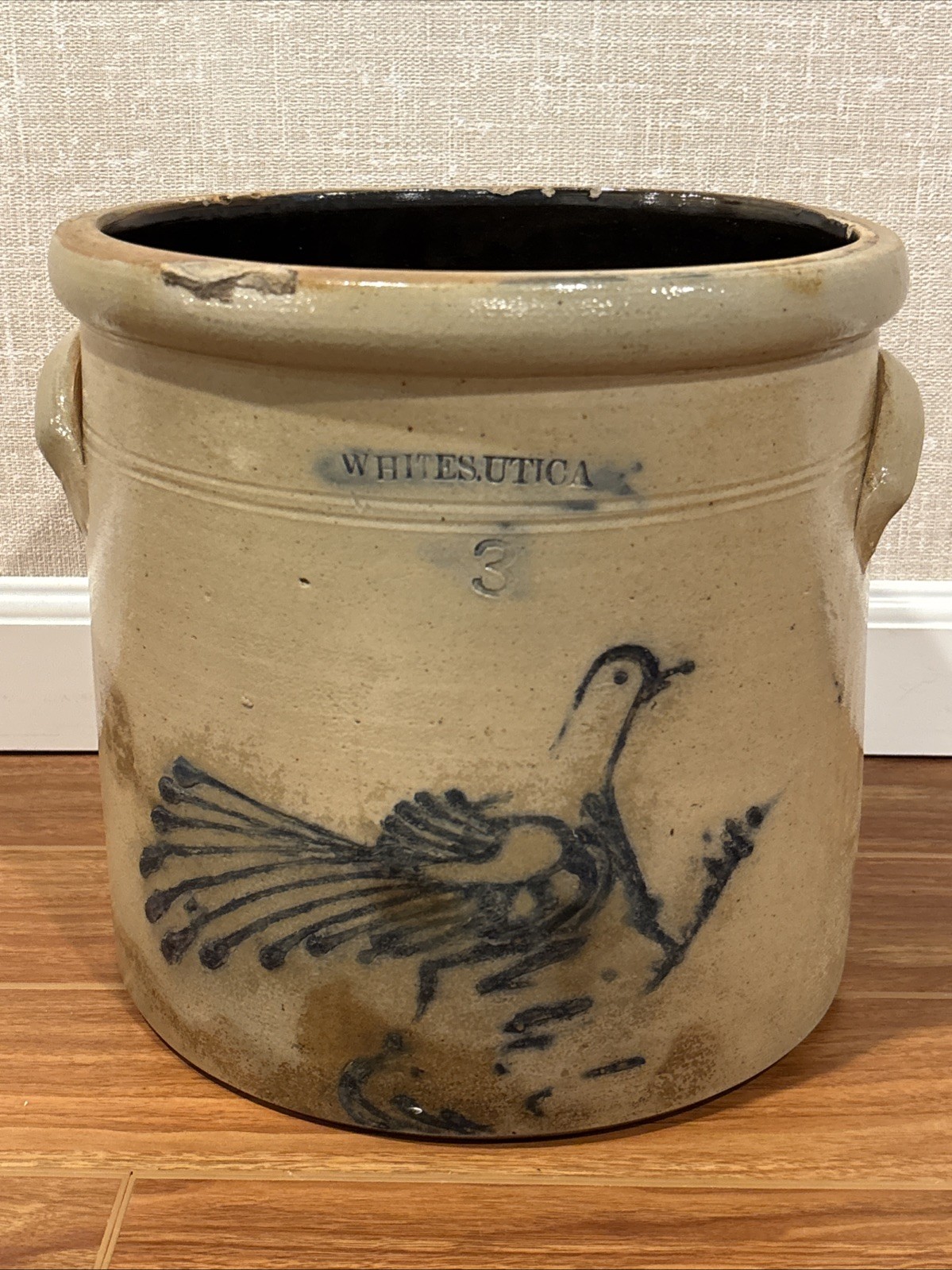 Antique Whites Utica NY Blue Decorated 3 Gallon Stoneware Fan Tailed Bird Crock