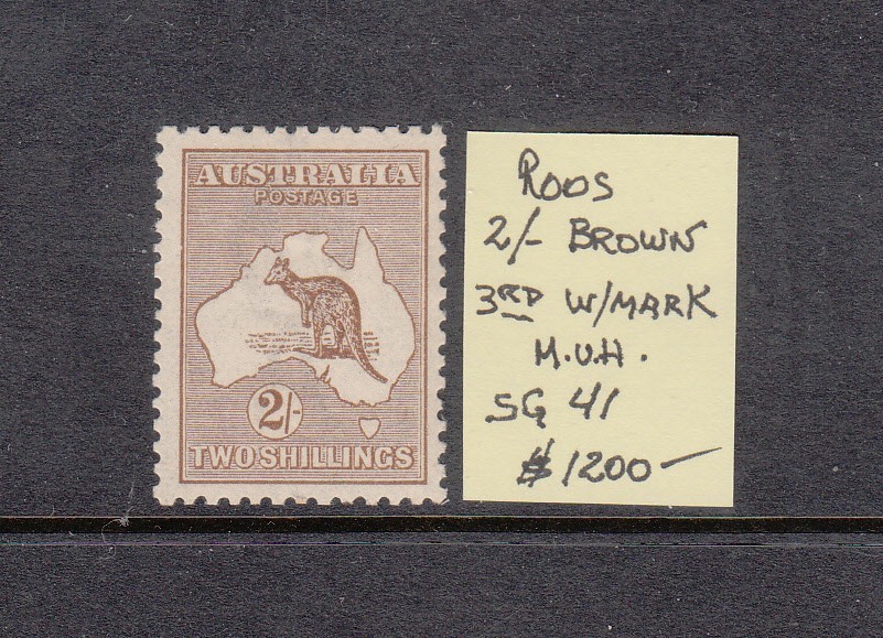 1916 Kangaroos 2/- Brown 3rd W/mark Mint never hinged. SG 41. Very Rare & cheap 1916 Kangaroos 2/- Brown 3rd W/mark Mint never hinged. SG 41. Very Rare & cheap