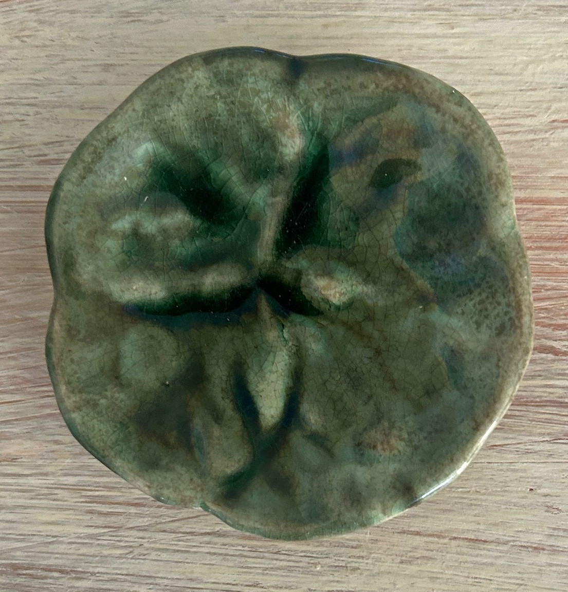 Antique Majolica Butter Pat. Scalloped Edge with Deep Green Star Shape. Antique Majolica Butter Pat. Scalloped Edge with Deep Green Star Shape.