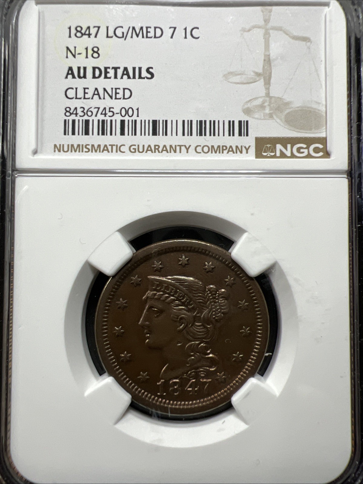1847/47 N-18 R5 Braided Hair Large Cent Coin 1c NGC AU Details Regrade Candidate