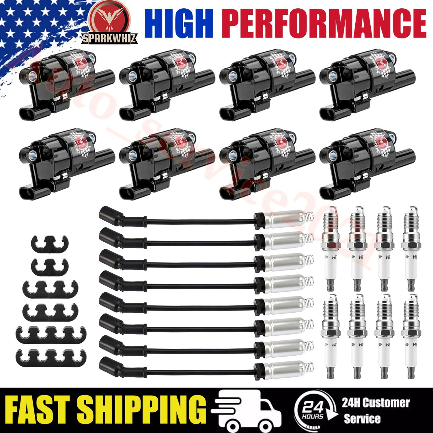 High Performance Ignition Coil+Spark Plug+Wire For Chevy GMC 5.3L 6.2L V8 UF414
