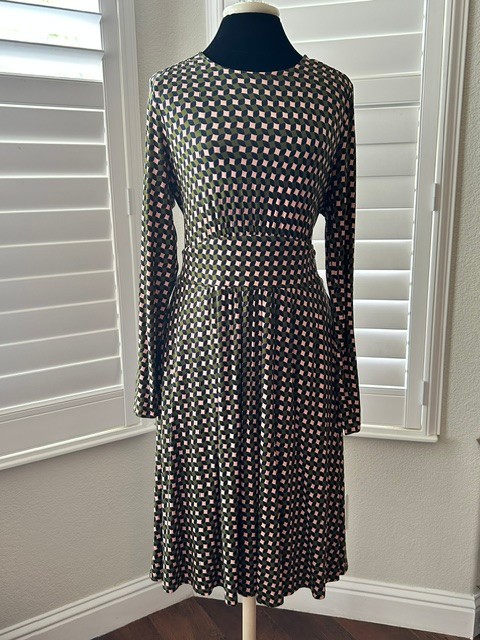 Boden Long Sleeve Jersey Dress Olive Navy  Geometric Print Abigail Style SIZE 12