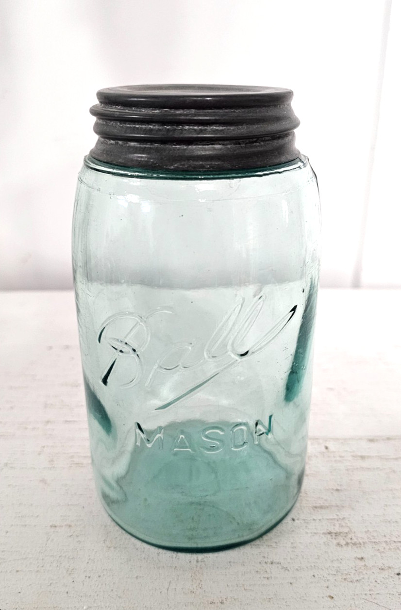 Vintage Triple L Blue Green Glass Quart Ball Mason Jar w/ Zinc Lid c 1900-1910